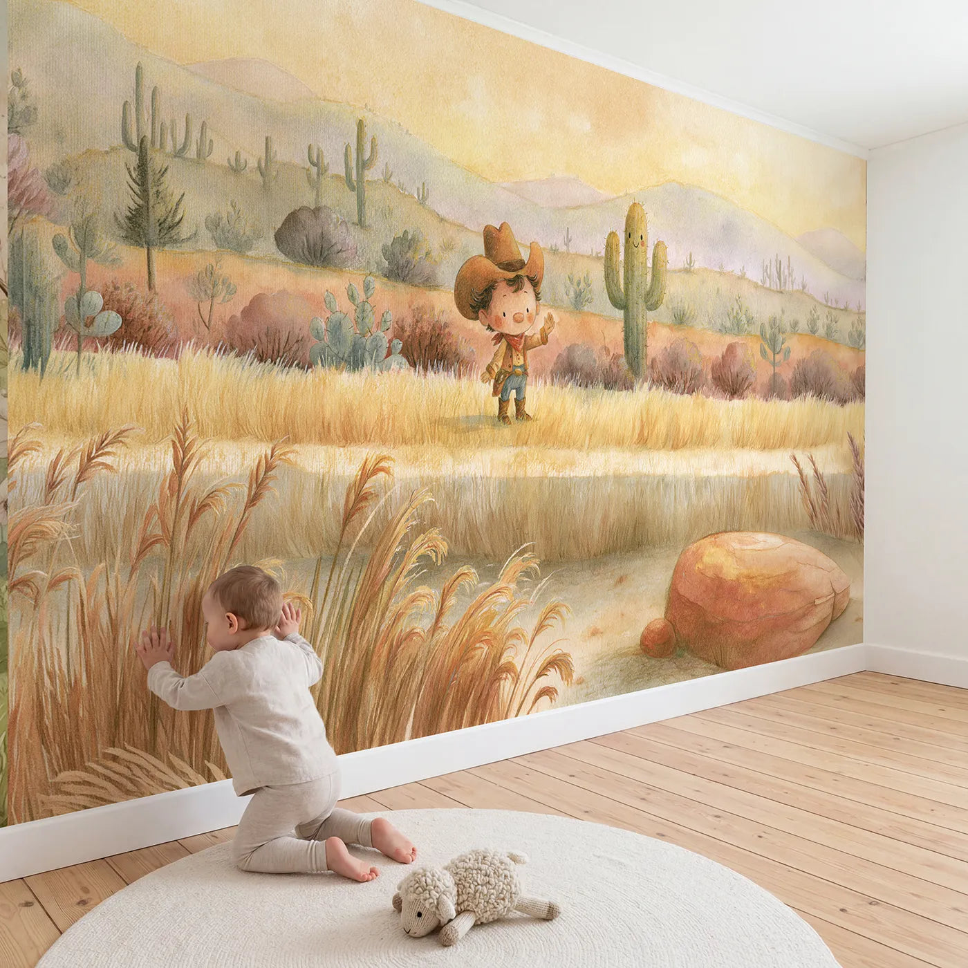 Child in nursery with Cowboy Cactus Friends Wallpaper Mural by Whimsy Tots