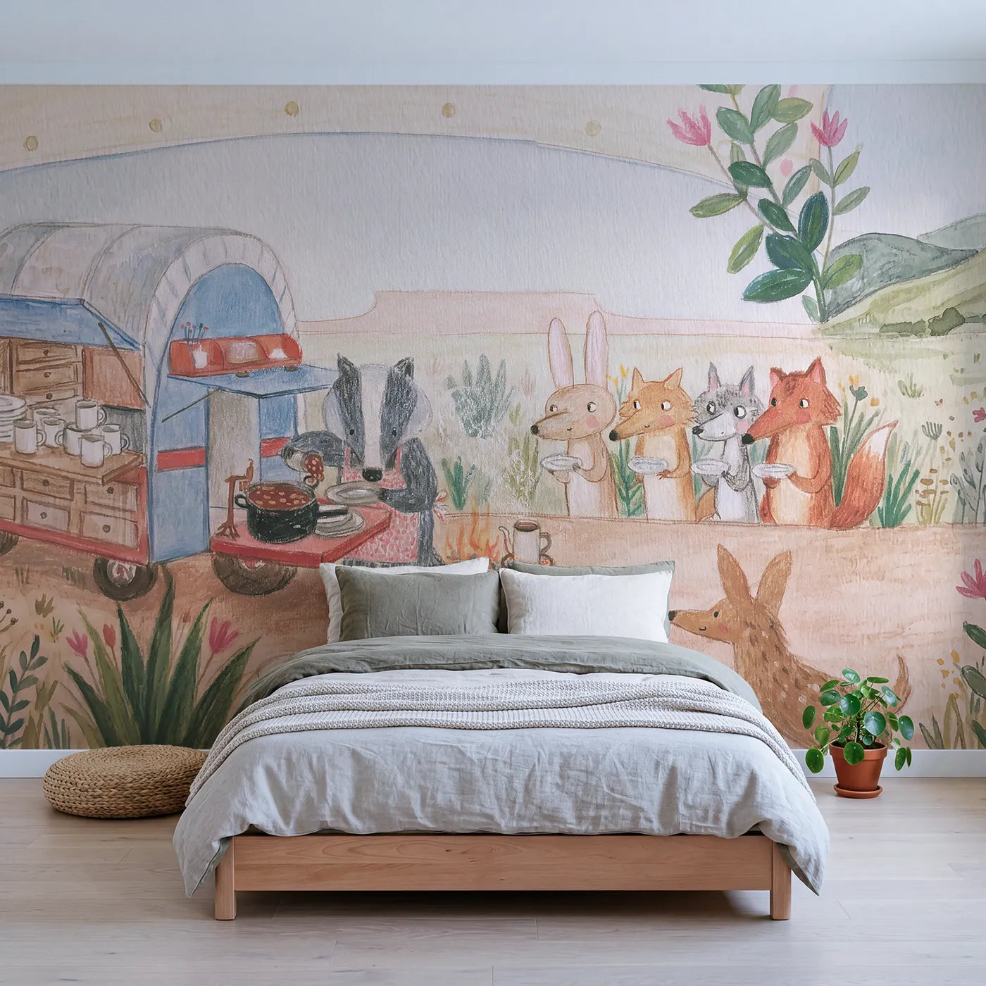 Colored Pencil chuckwagon breakfast at first light, mural for a shared kids room by Whimsy Tots