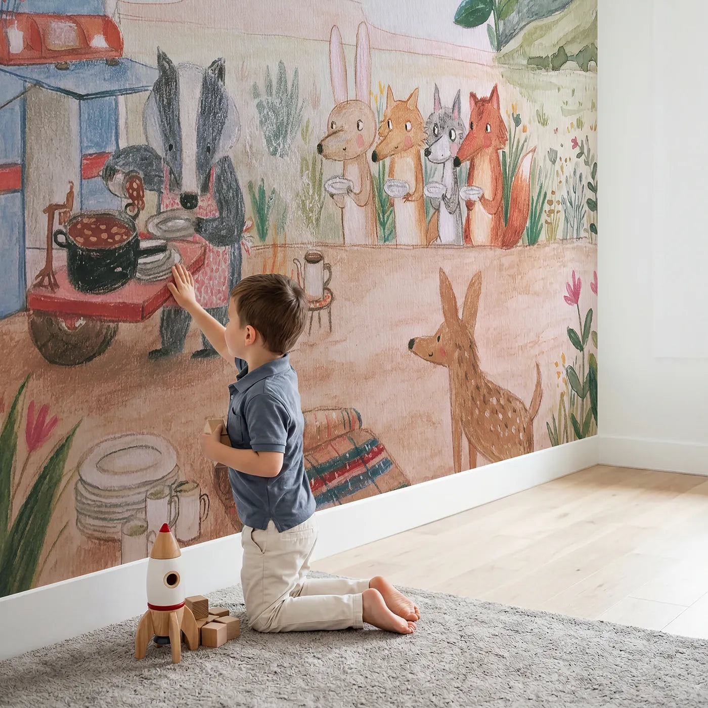 Child in nursery with The Chuckwagon Breakfast Wallpaper Mural by Whimsy Tots