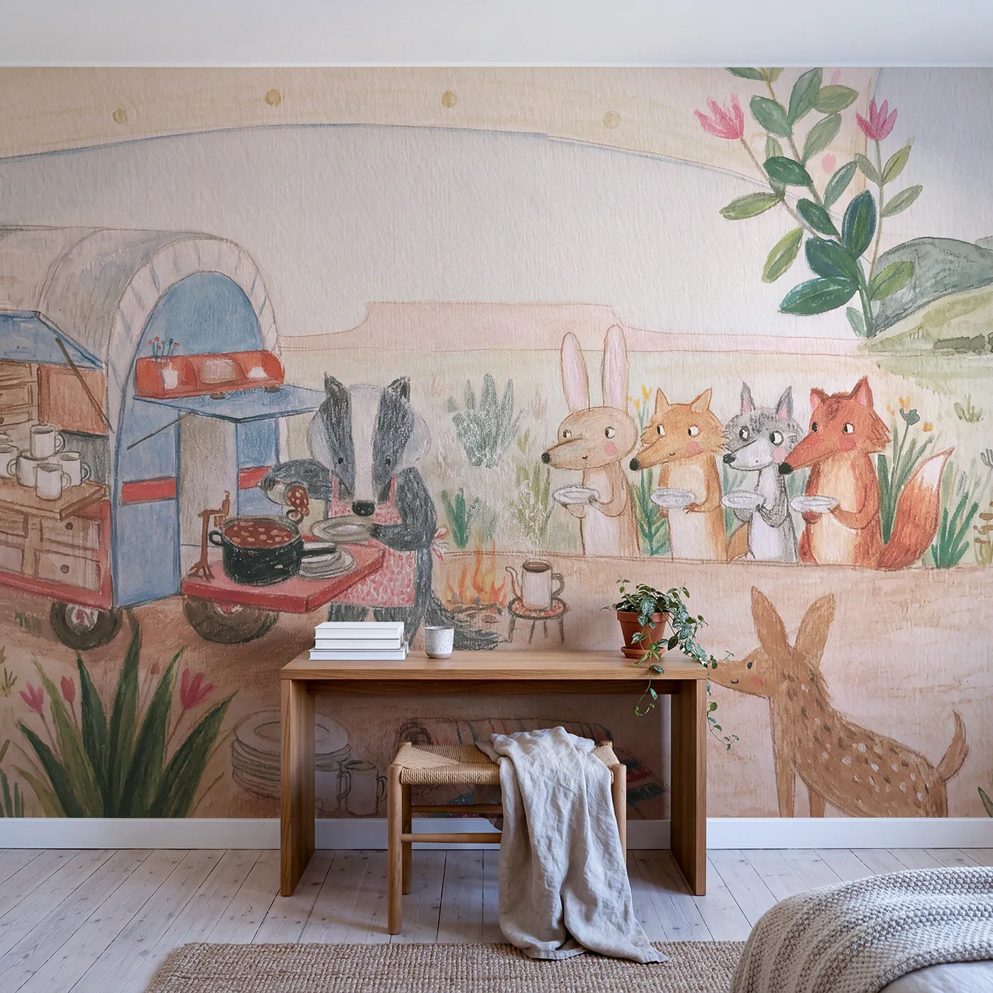 The Chuckwagon Breakfast Wallpaper Mural in playroom setting by Whimsy Tots