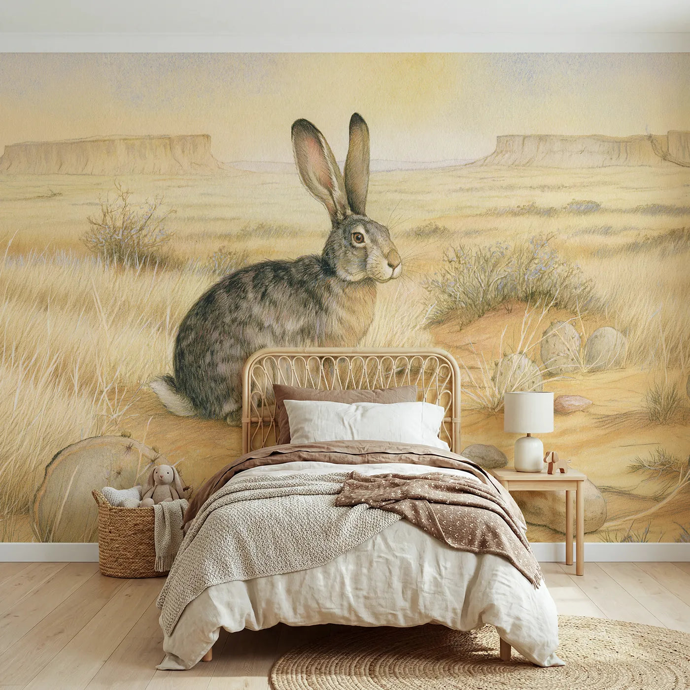 Watercolor wall mural of a speedy jackrabbit by Whimsy Tots
