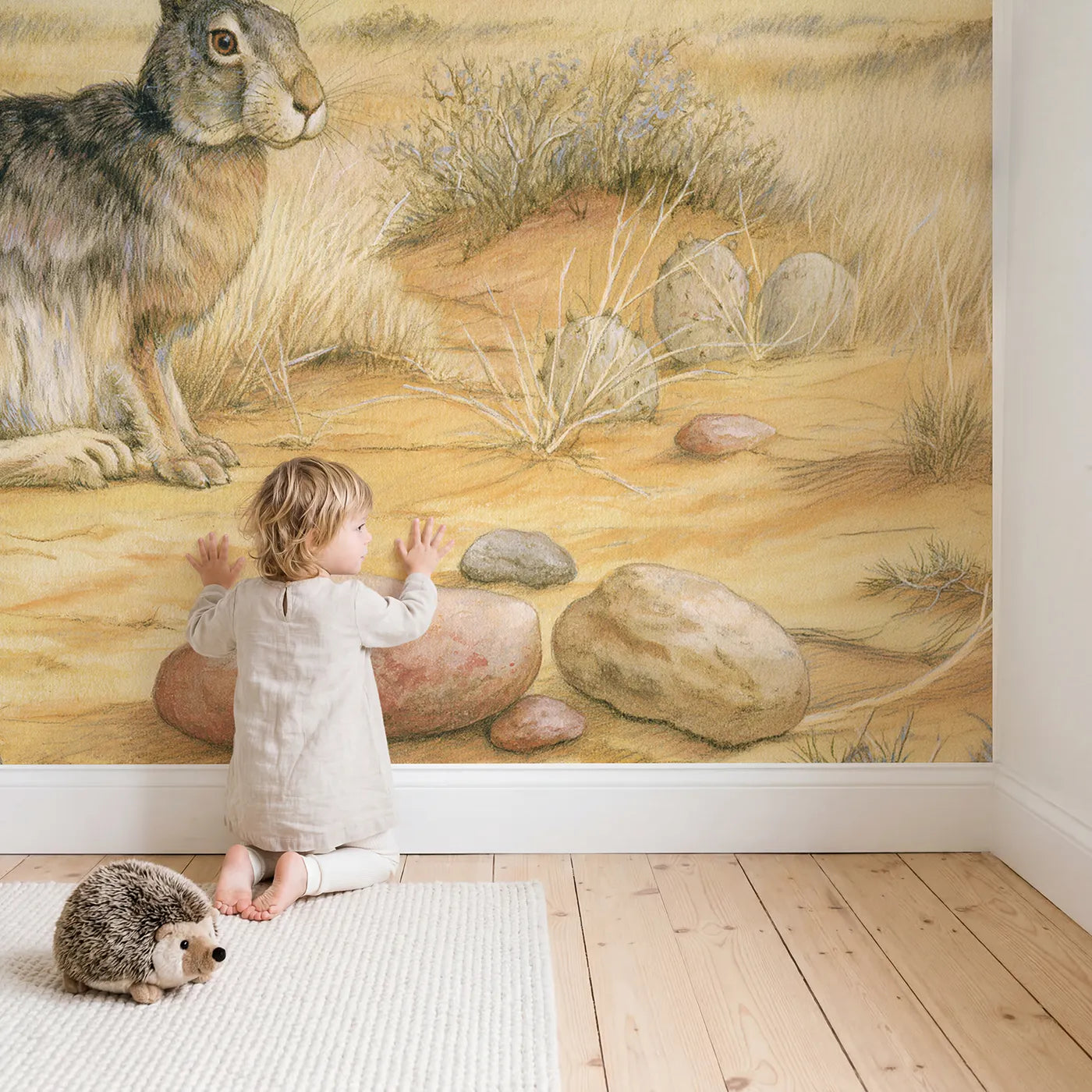 Child in nursery with Speedy Jackrabbit Wallpaper Mural by Whimsy Tots