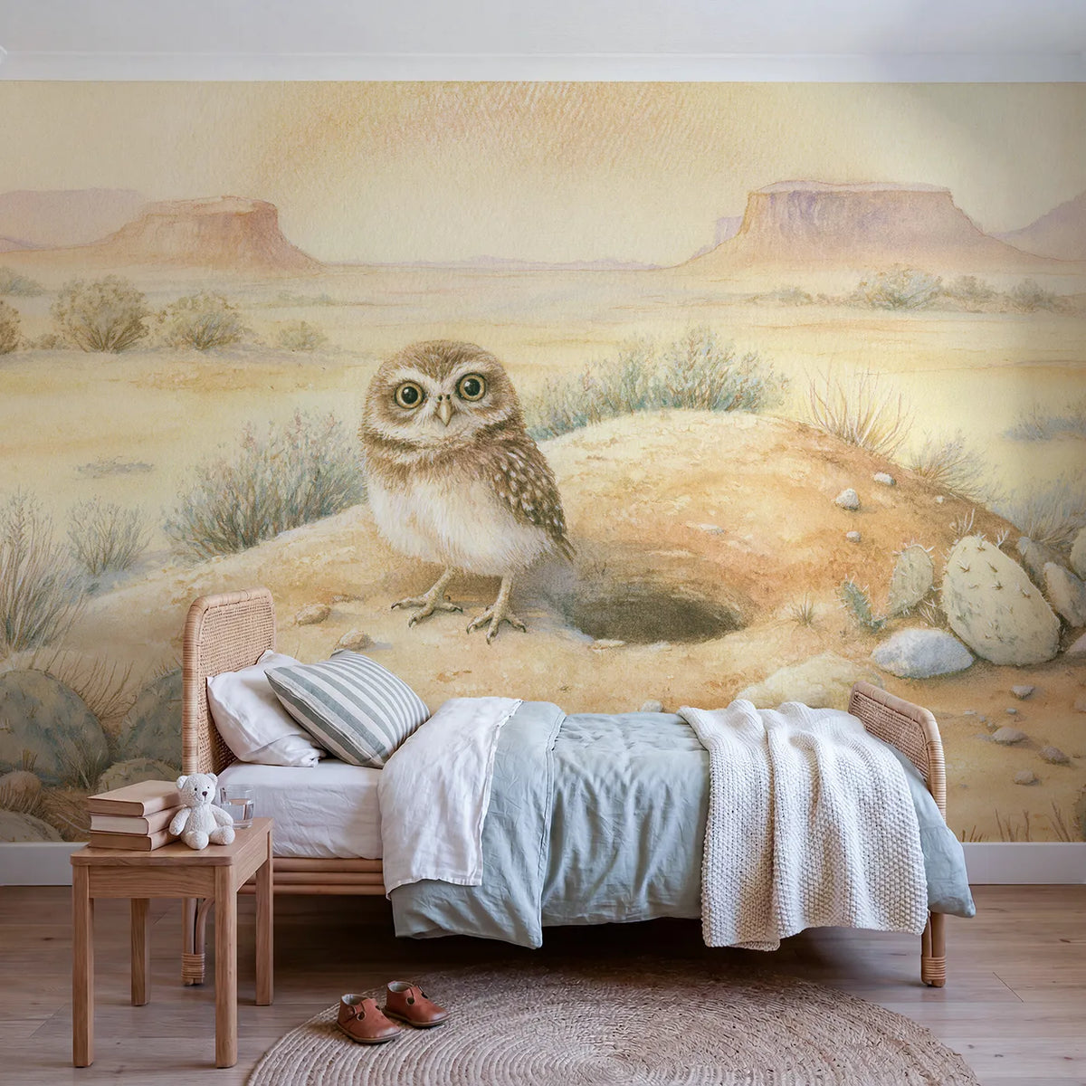 Watercolor wall mural of a little burrowing owl by Whimsy Tots