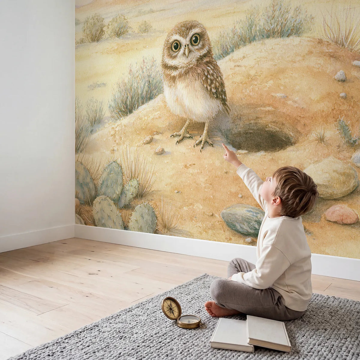 Child in nursery with Little Burrowing Owl Wallpaper Mural by Whimsy Tots