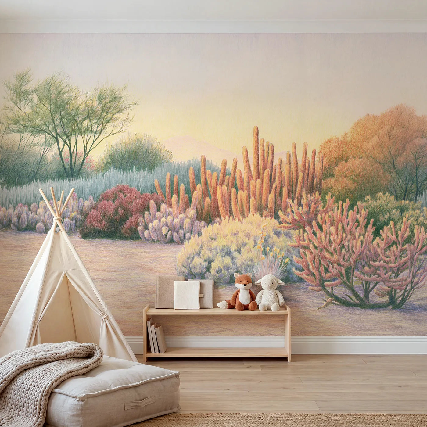 Colored-pencil wall mural of a gentle cactus garden by Whimsy Tots