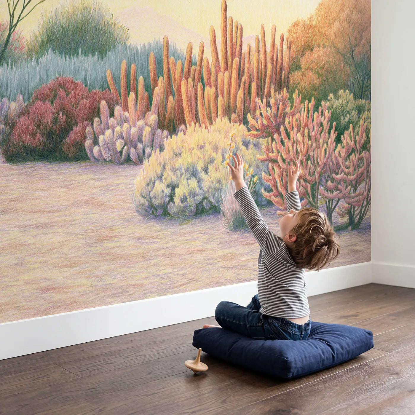 Child in nursery with Gentle Cactus Garden Wallpaper Mural by Whimsy Tots