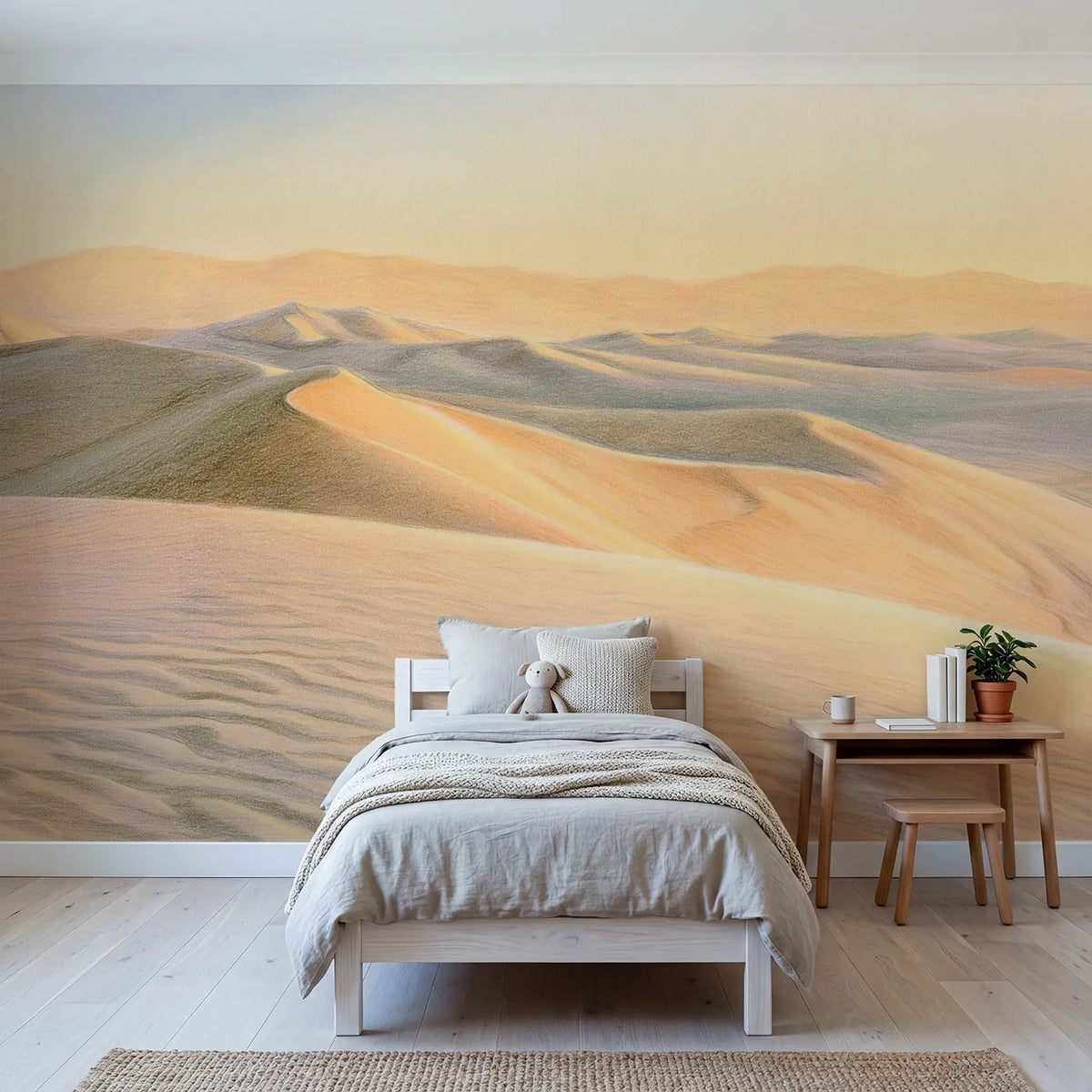 Colored-pencil wall mural of calm wide desert dunes by Whimsy Tots