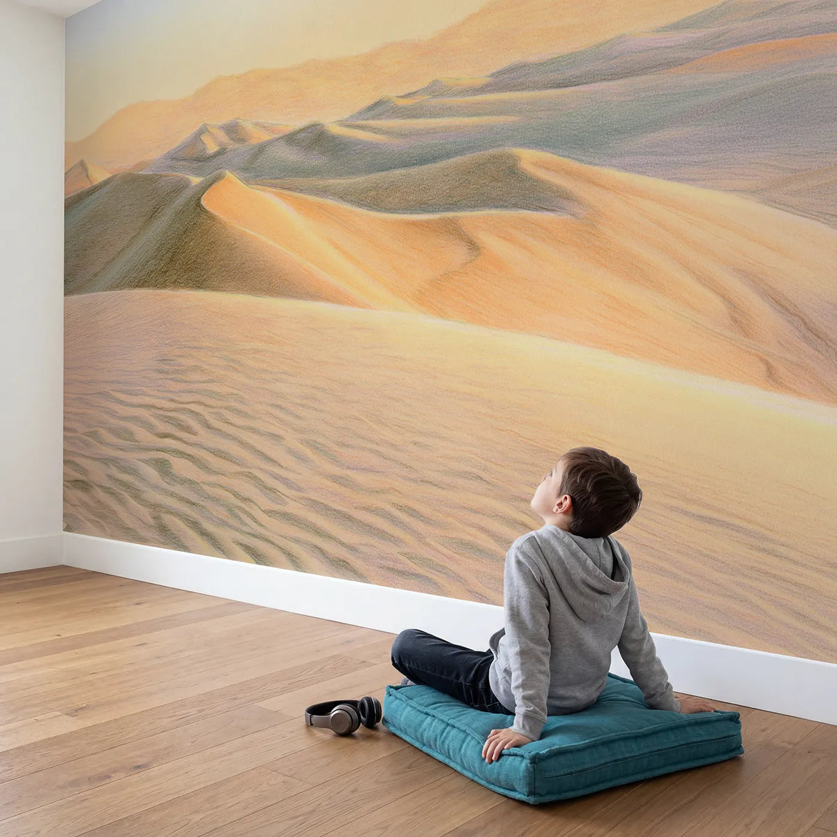 Child in nursery with Calm Desert Dunes Wallpaper Mural by Whimsy Tots