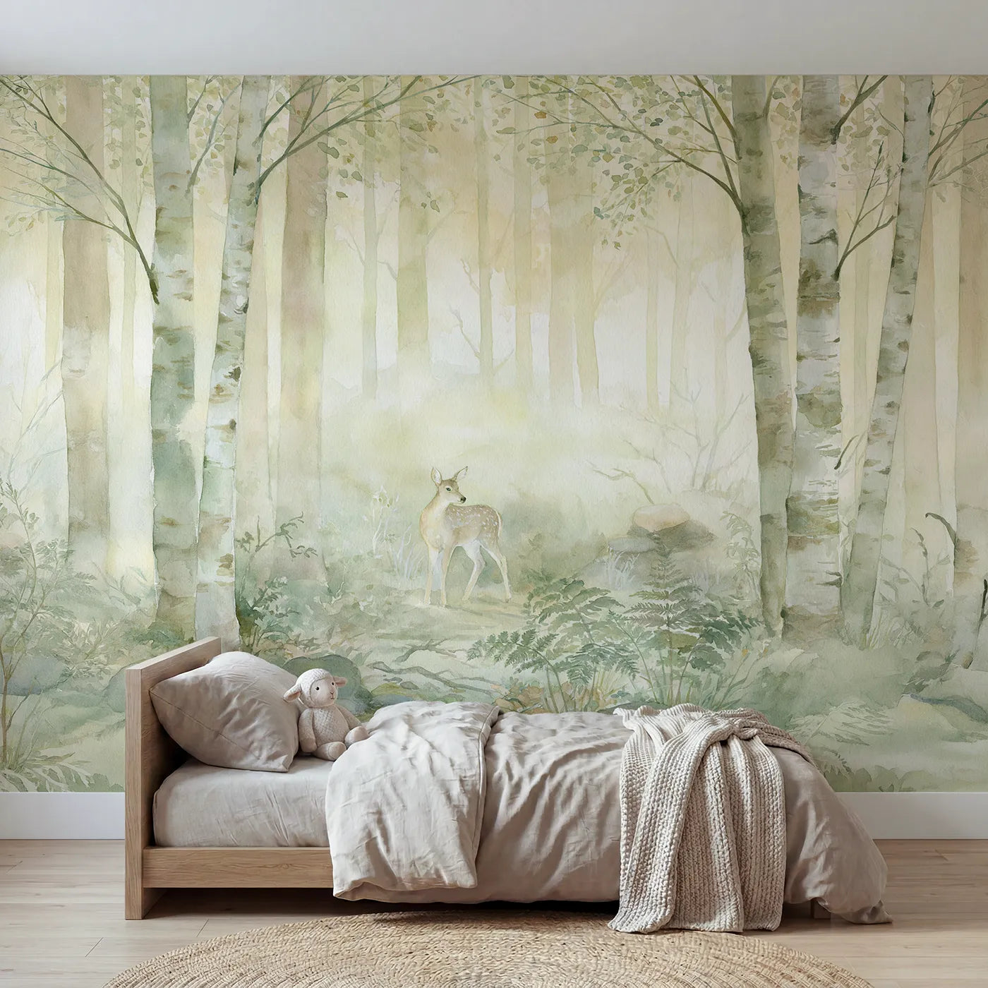 Watercolor wall mural of a doe in dawn mist by Whimsy Tots