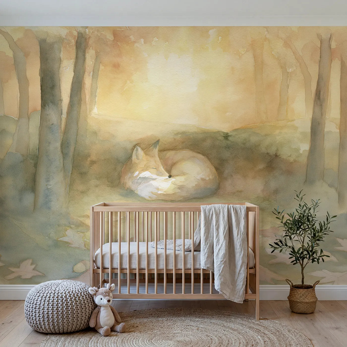 Watercolor wall mural of a fox asleep in a hollow by Whimsy Tots