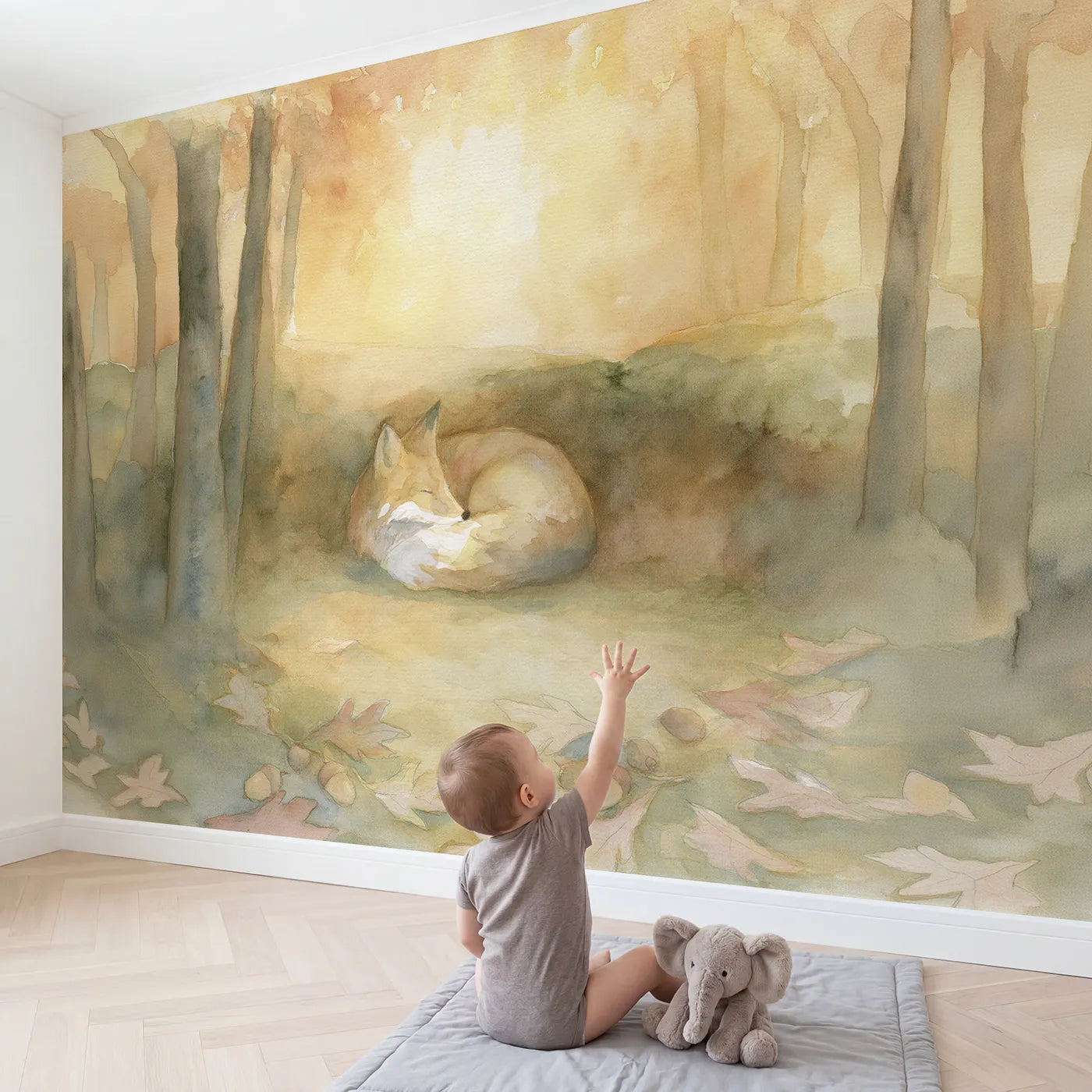 Child in nursery with Sleepy Fox Hollow Wallpaper Mural by Whimsy Tots