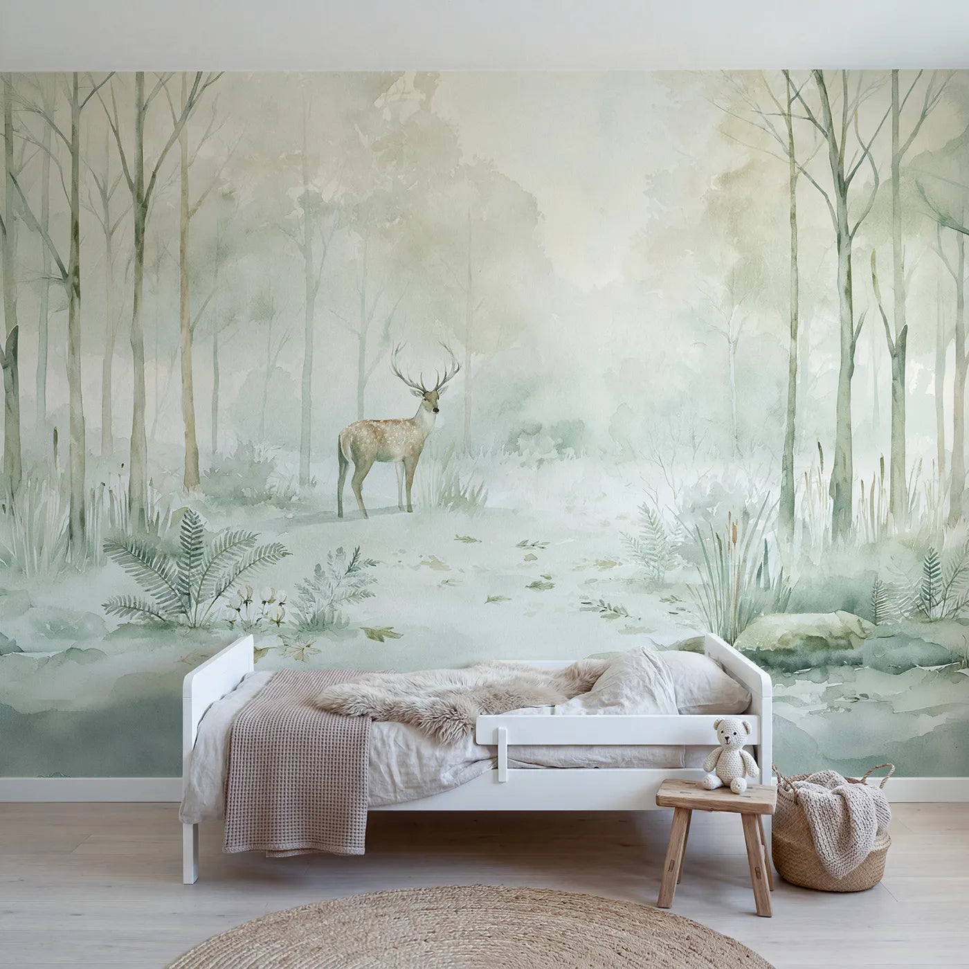Watercolor wall mural of a soft stag at dawn by Whimsy Tots