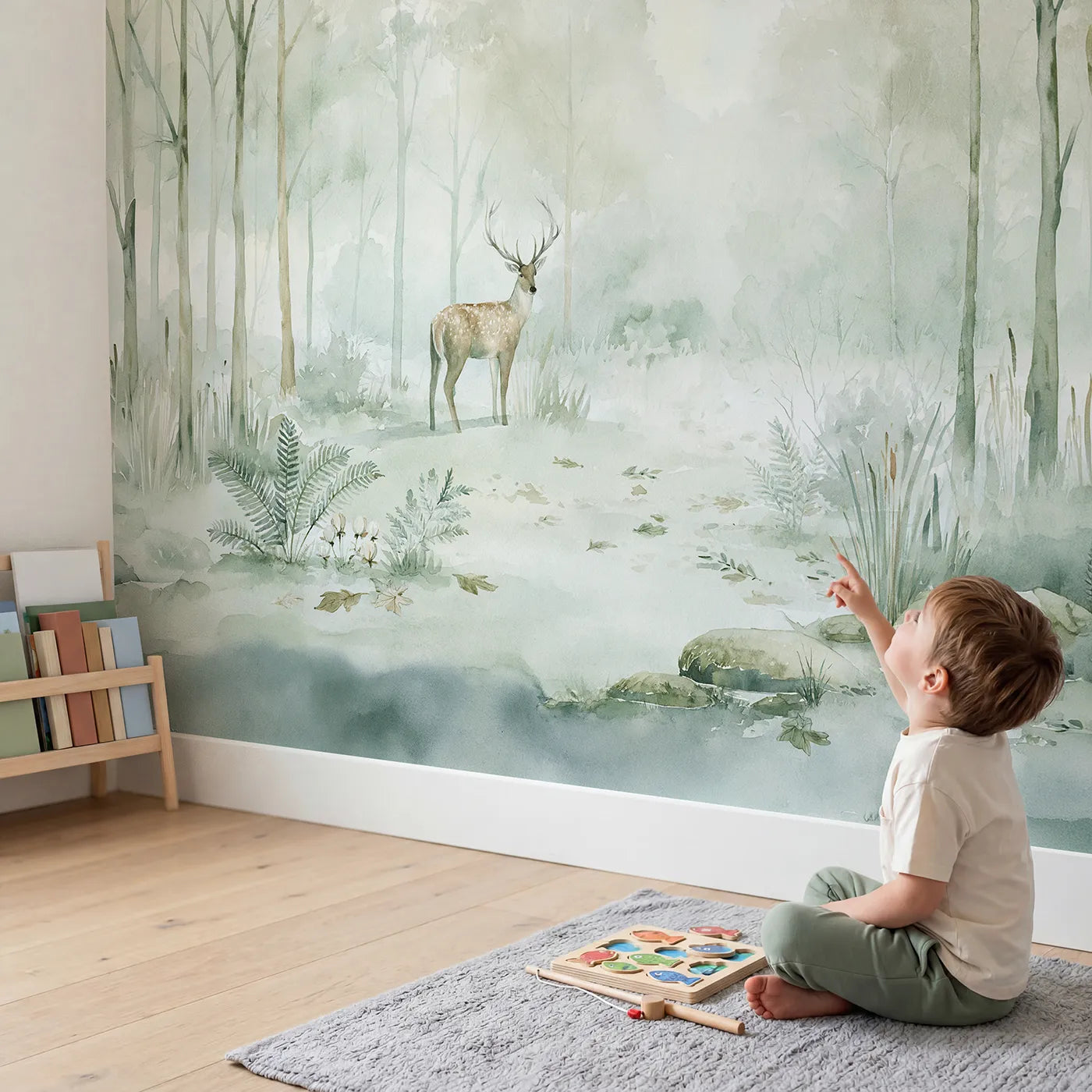 Child in nursery with Soft Stag Dawn Wallpaper Mural by Whimsy Tots