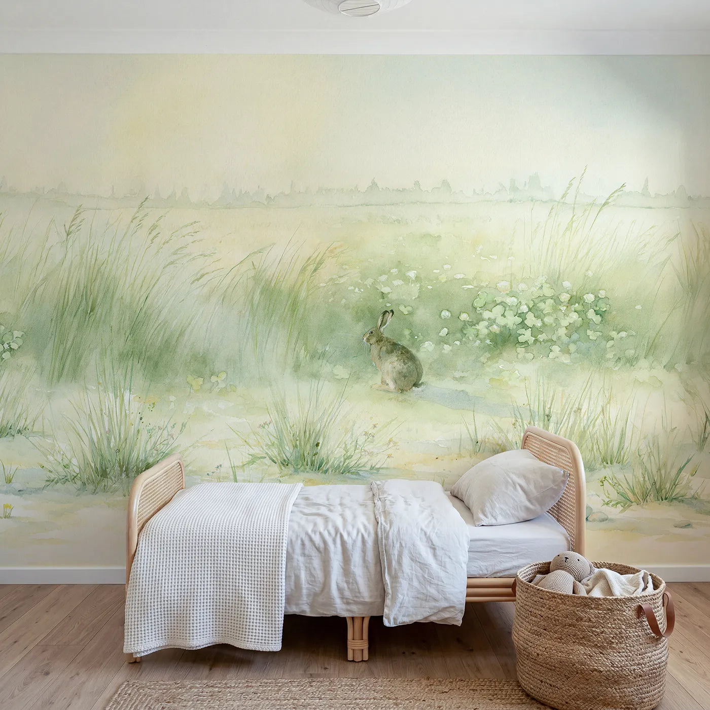 Watercolor wall mural of a hare at the meadow edge by Whimsy Tots