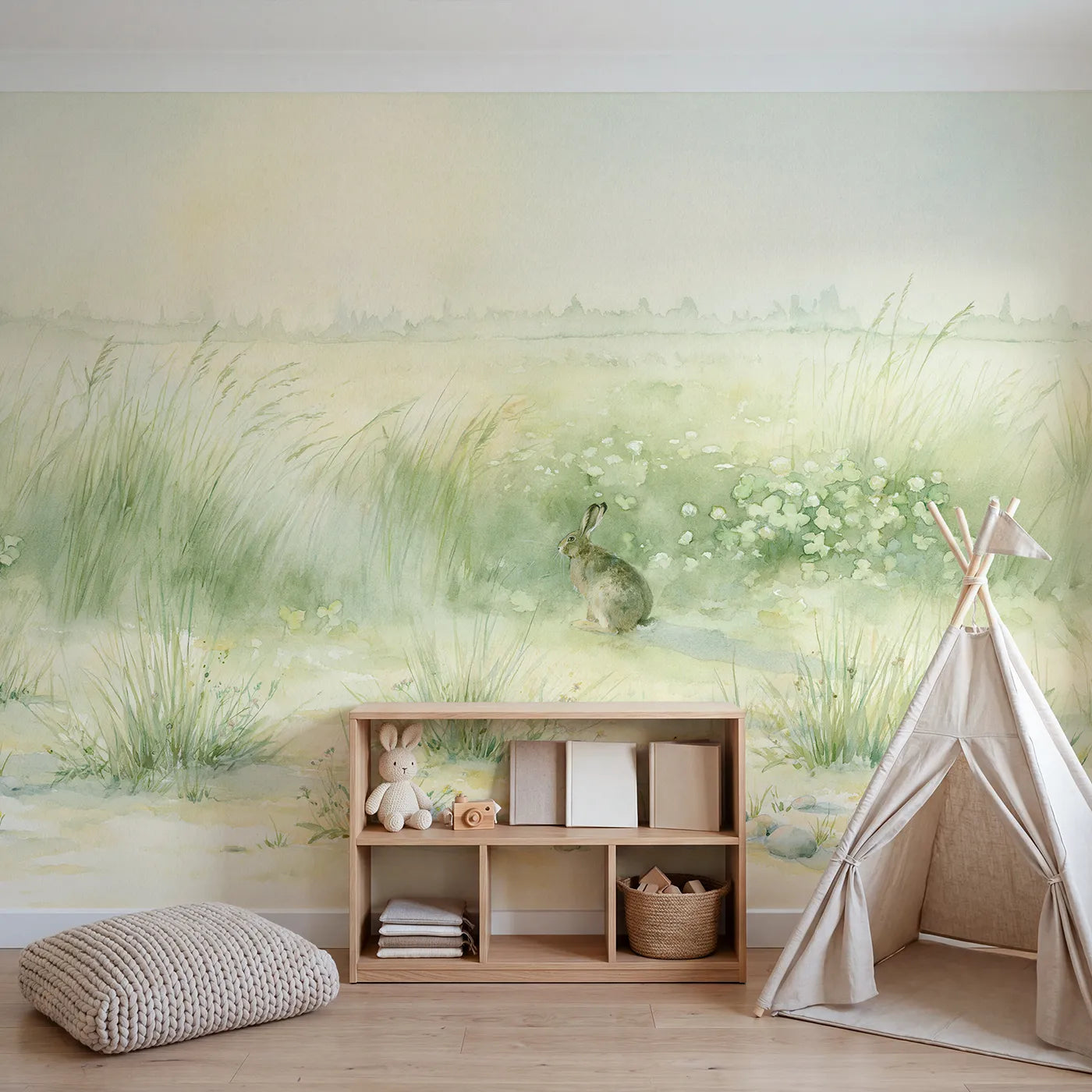 Hazy Hare Meadow Wallpaper Mural in playroom setting by Whimsy Tots