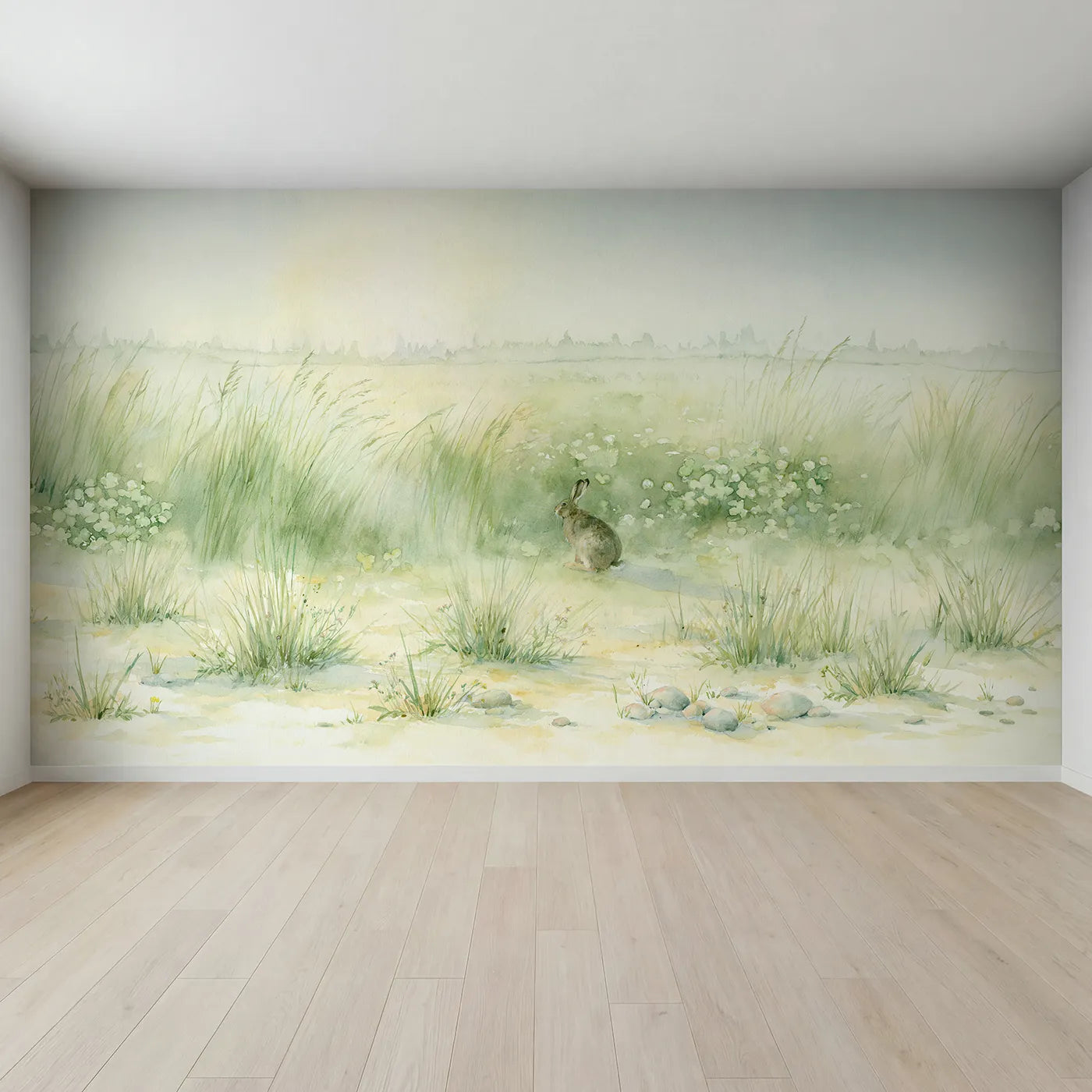Full view of Hazy Hare Meadow Wallpaper Mural by Whimsy Tots