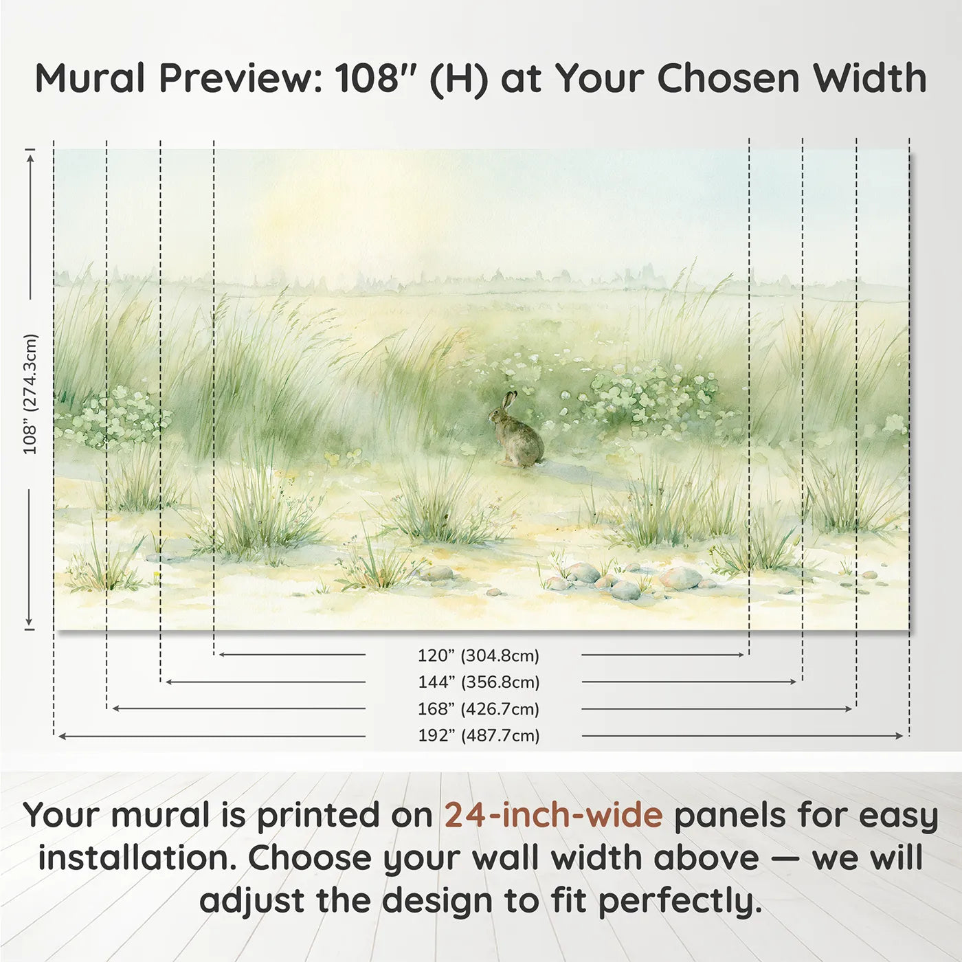 Panel layout and dimensions for Hazy Hare Meadow Wallpaper Mural by Whimsy Tots