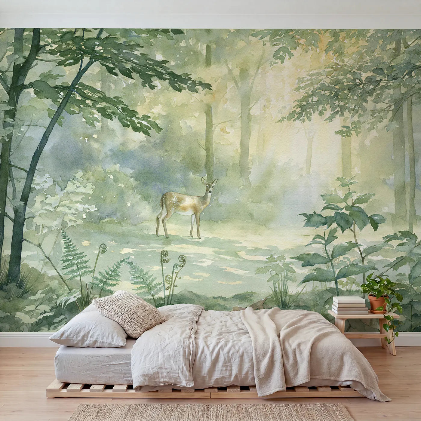 Watercolor wall mural of a doe in a sunlit glade by Whimsy Tots