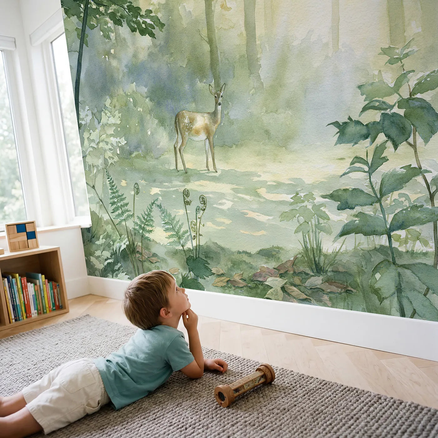 Child in nursery with Gentle Doe Glade Wallpaper Mural by Whimsy Tots