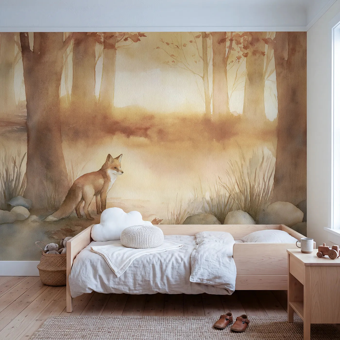 Watercolor wall mural of a fox at dusk wood edge by Whimsy Tots