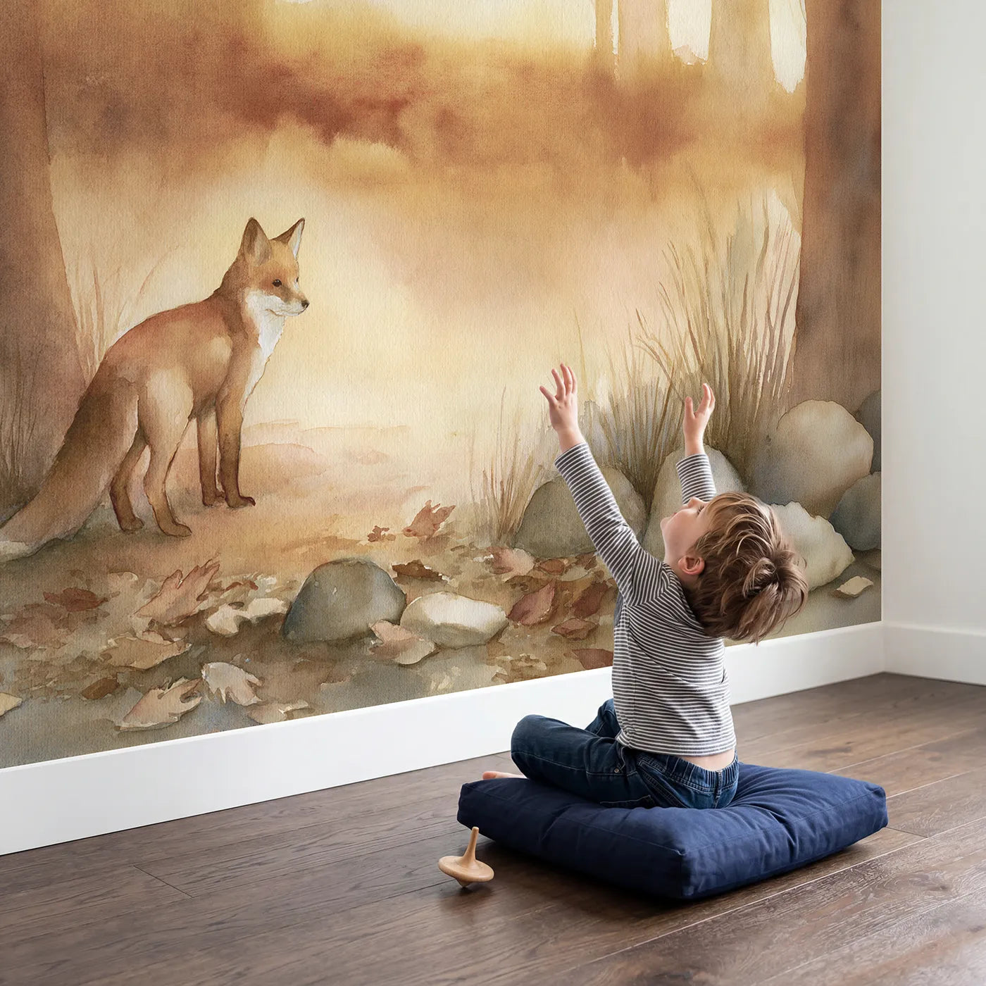 Child in nursery with Quiet Fox Dusk Wallpaper Mural by Whimsy Tots