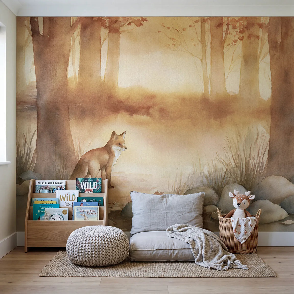 Quiet Fox Dusk Wallpaper Mural in playroom setting by Whimsy Tots