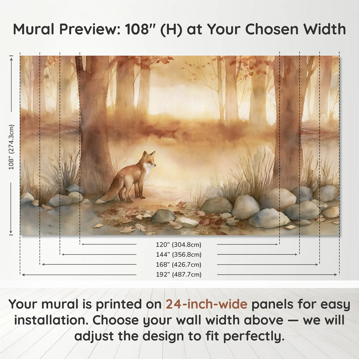 Panel layout and dimensions for Quiet Fox Dusk Wallpaper Mural by Whimsy Tots
