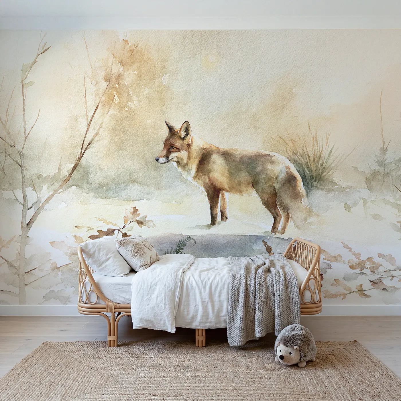 Watercolor wall mural of a red fox profile study by Whimsy Tots