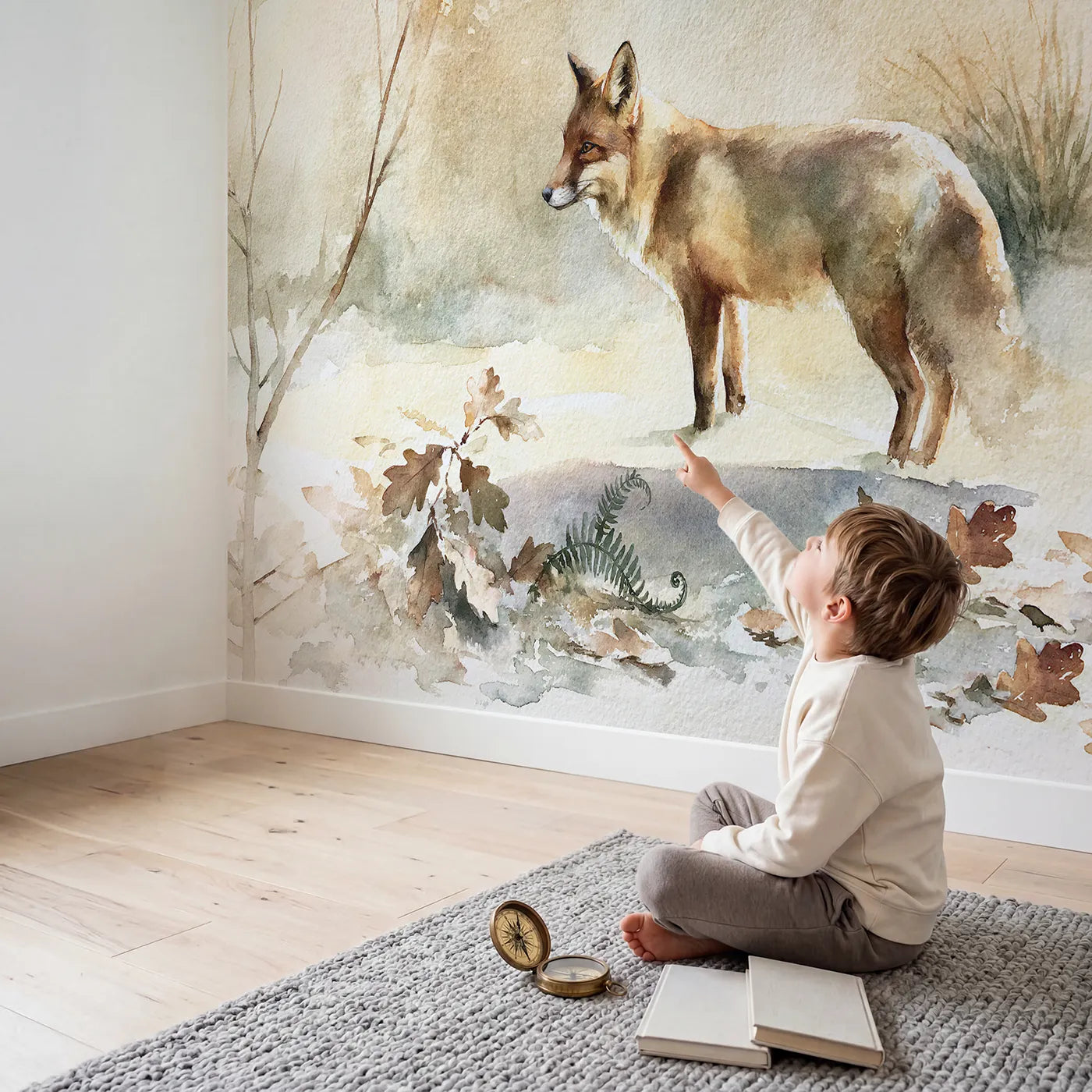 Child in nursery with Red Fox Study Wallpaper Mural by Whimsy Tots
