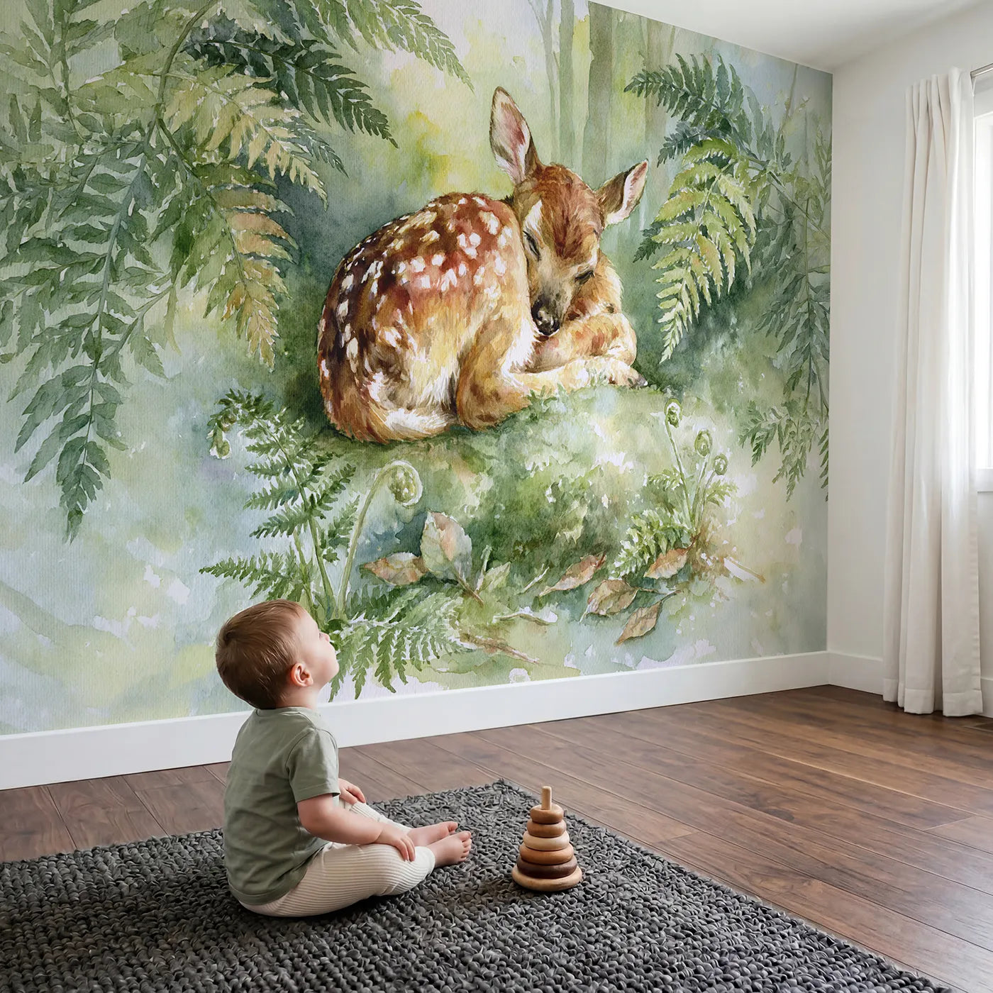 Child in nursery with Spotted Fawn Rest Wallpaper Mural by Whimsy Tots