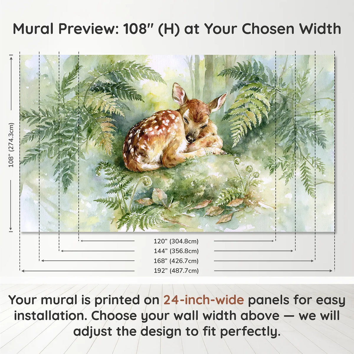 Panel layout and dimensions for Spotted Fawn Rest Wallpaper Mural by Whimsy Tots