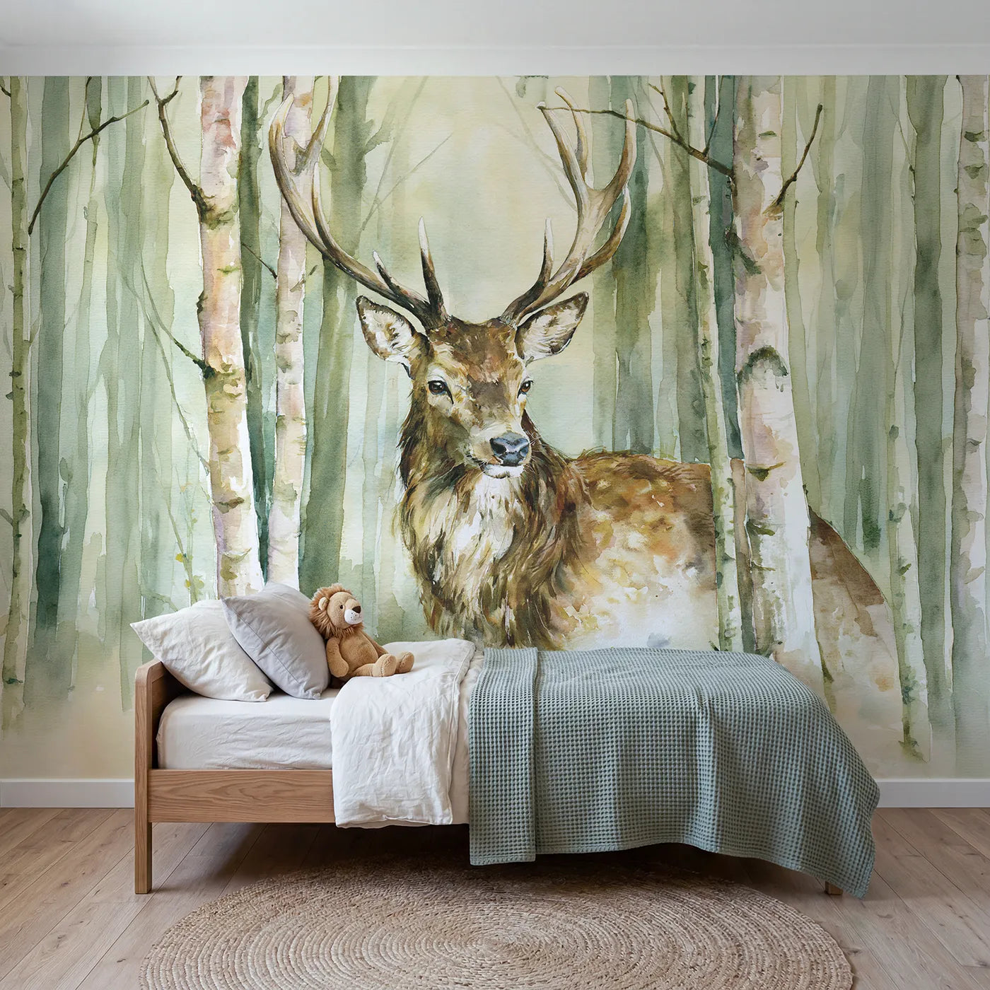 Watercolor wall mural of a woodland stag portrait by Whimsy Tots