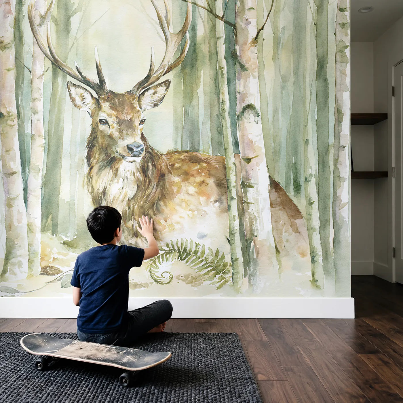 Child in nursery with Woodland Stag Portrait Wallpaper Mural by Whimsy Tots