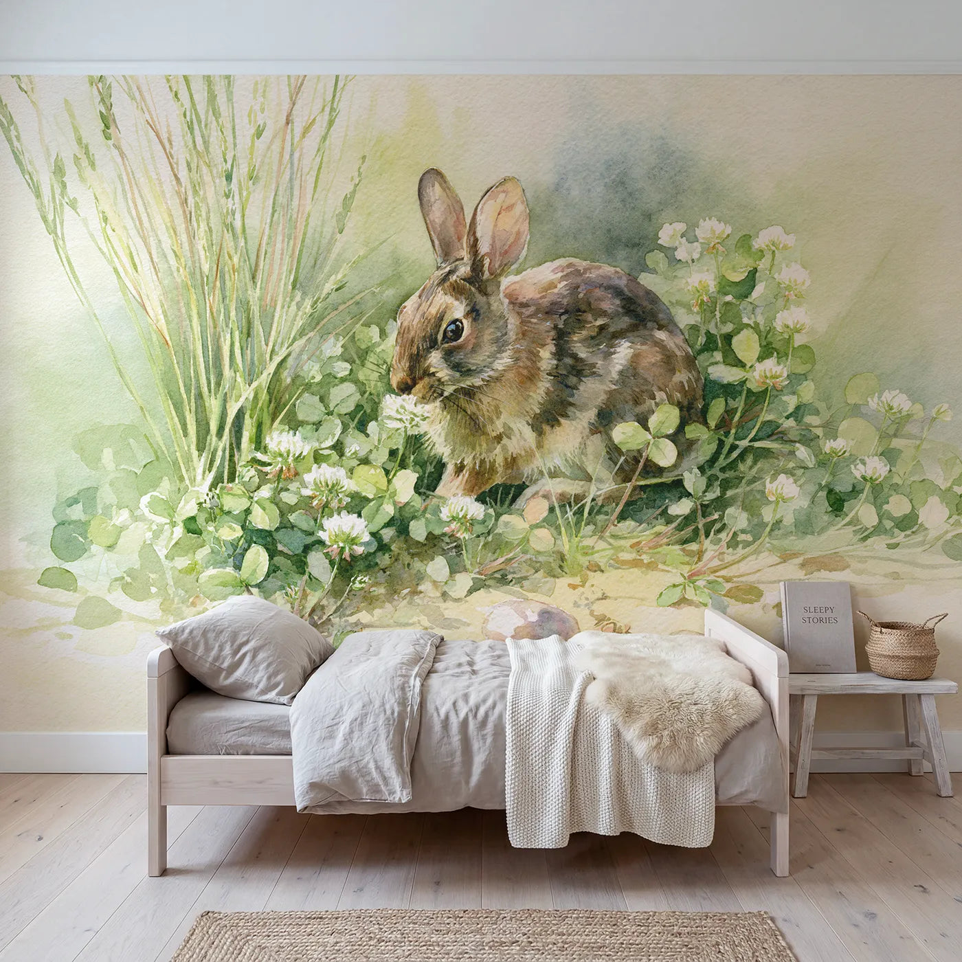 Watercolor wall mural of a cottontail rabbit study by Whimsy Tots