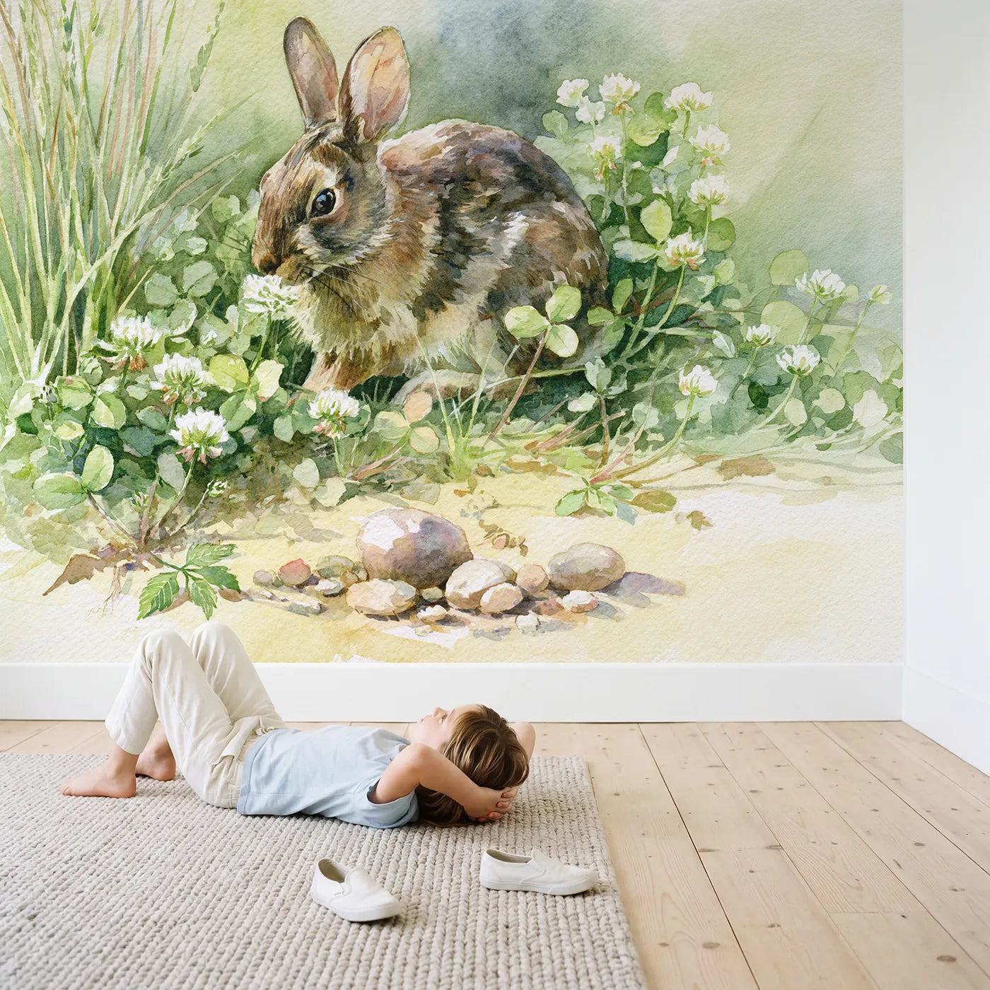 Child in nursery with Cottontail Rabbit Study Wallpaper Mural by Whimsy Tots