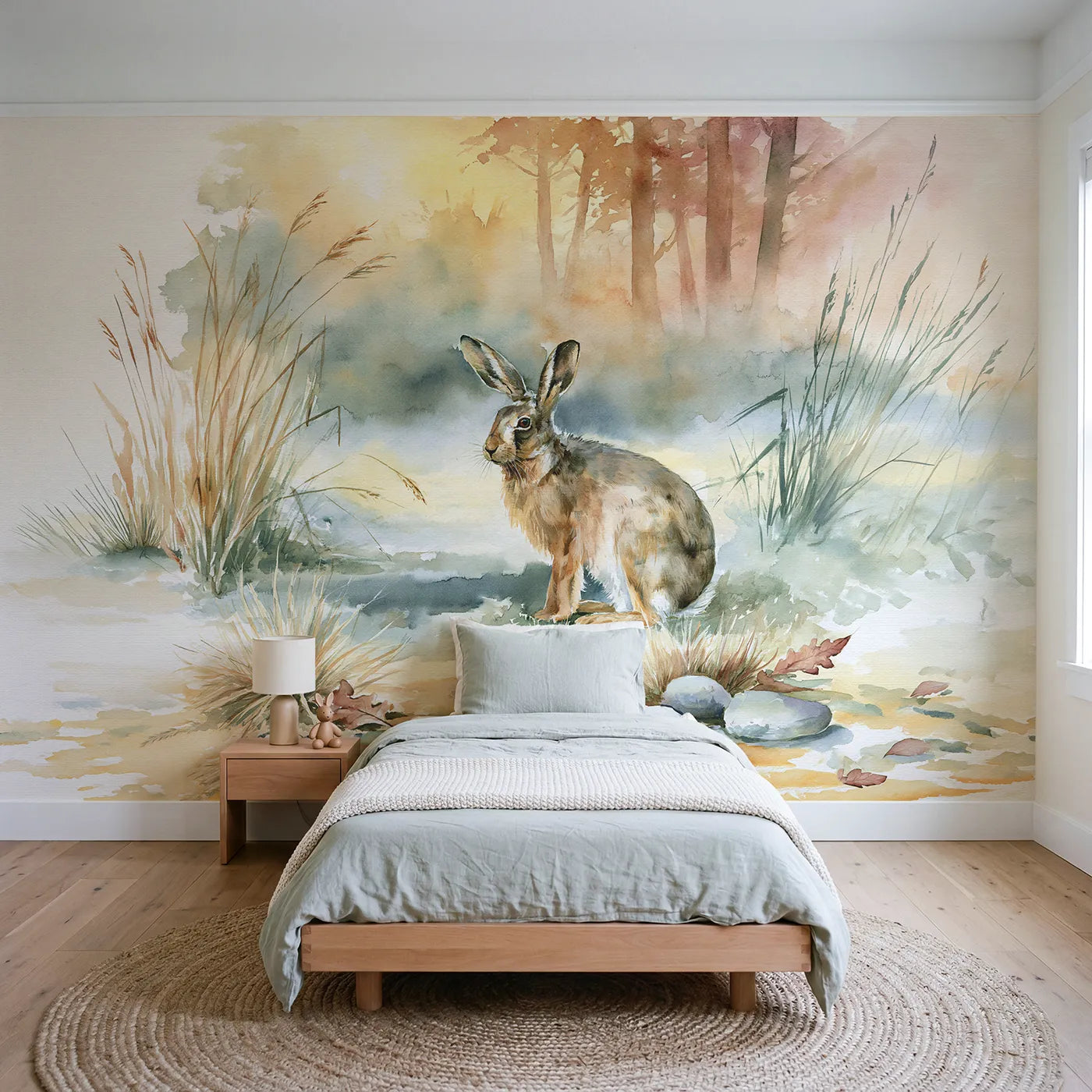 Watercolor wall mural of an alert brown hare by Whimsy Tots