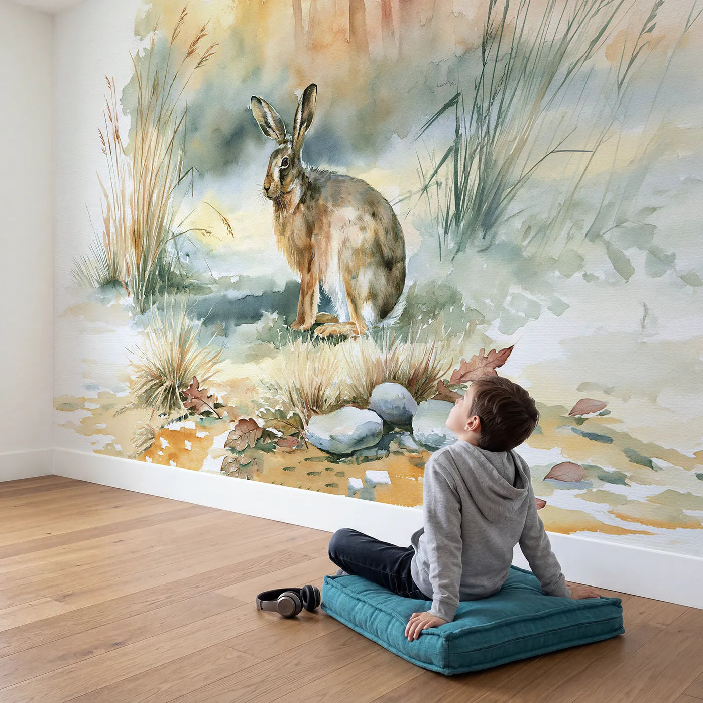 Child in nursery with Brown Hare Alert Wallpaper Mural by Whimsy Tots