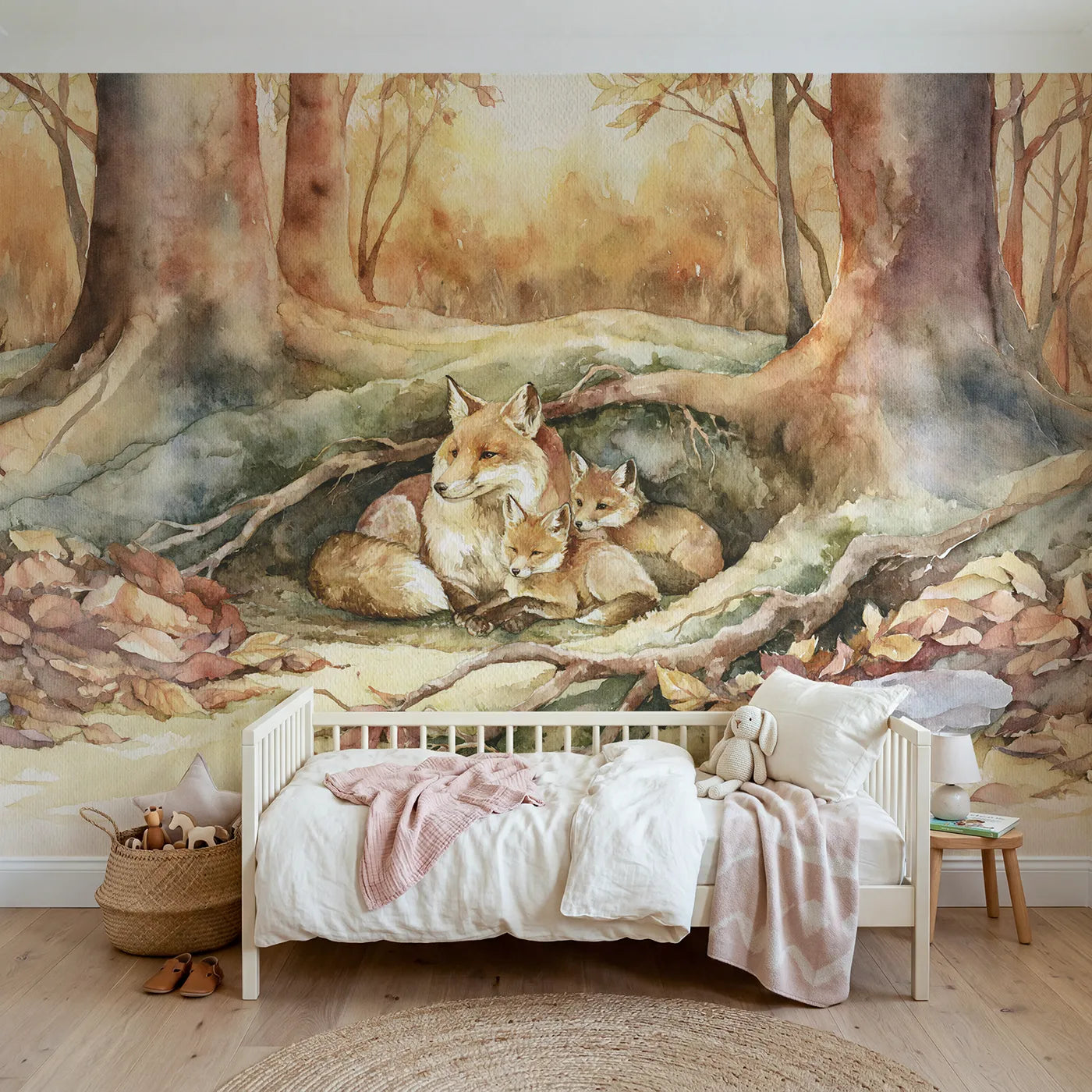 Watercolor wall mural of a fox den family by Whimsy Tots