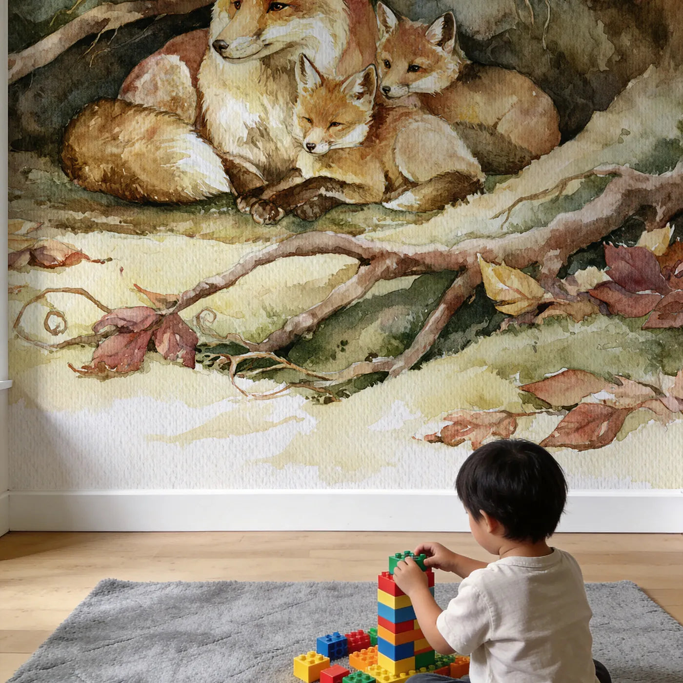 Child in nursery with Fox Den Family Wallpaper Mural by Whimsy Tots