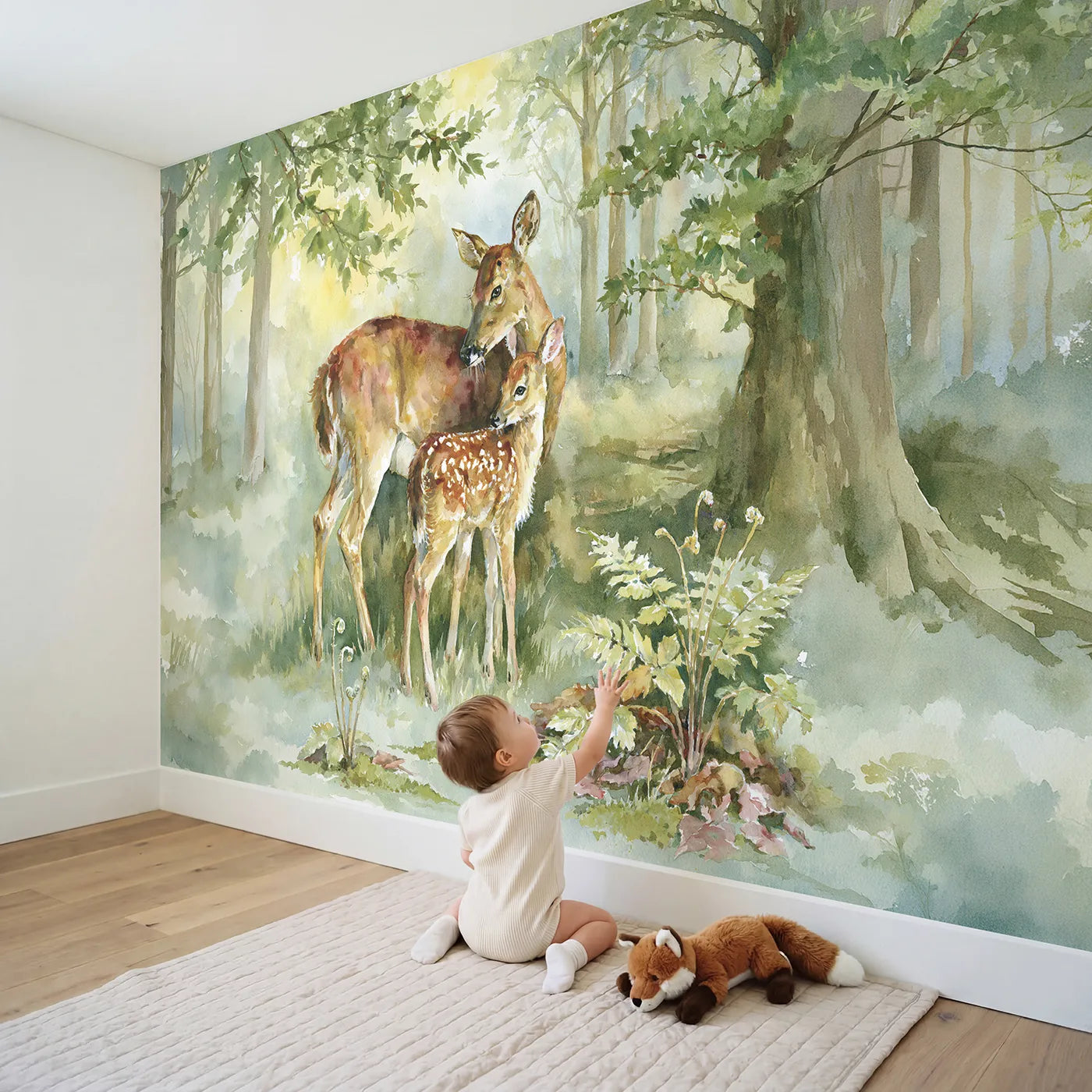 Child in nursery with Doe and Fawn Wallpaper Mural by Whimsy Tots