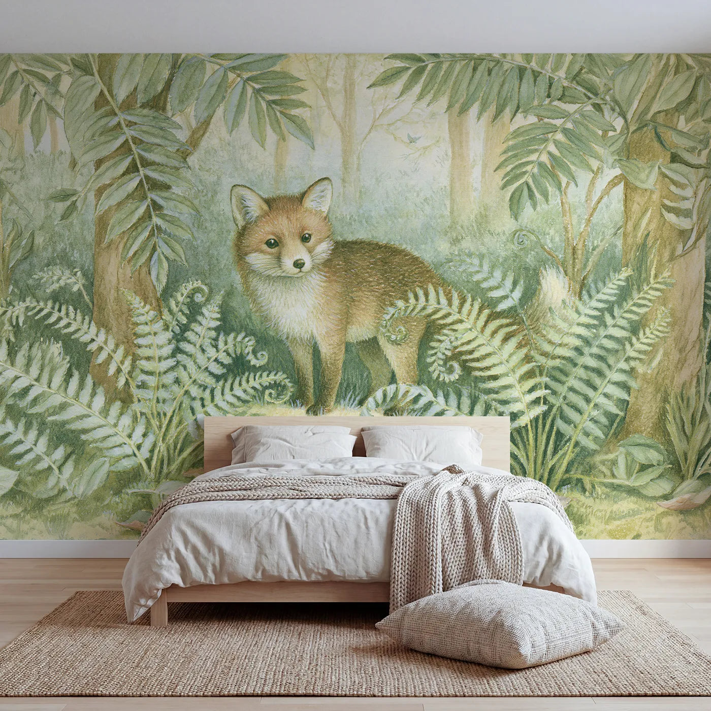 Storybook wall mural of a friendly forest fox by Whimsy Tots