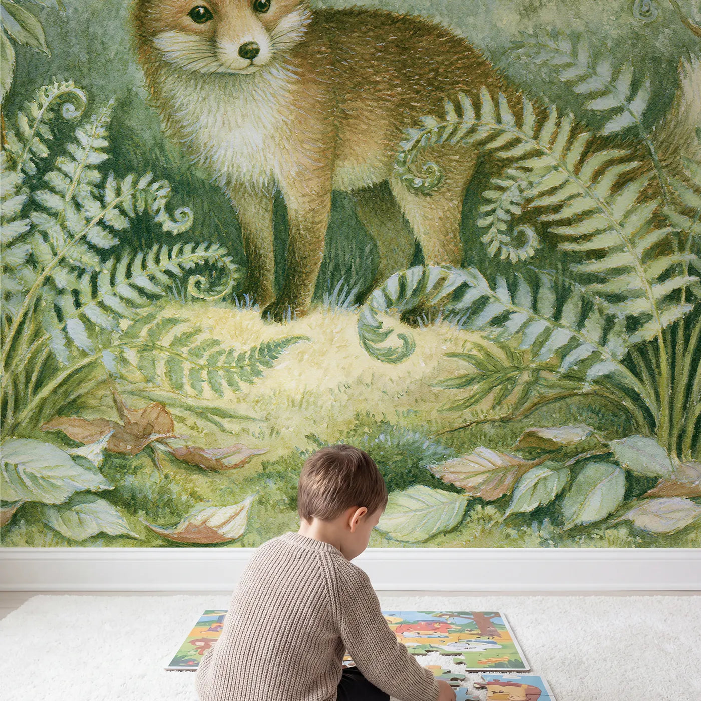Child in nursery with Friendly Forest Fox Wallpaper Mural by Whimsy Tots