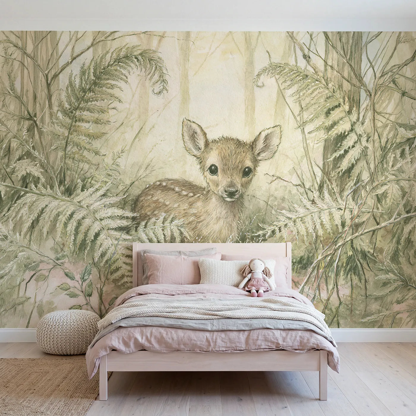 Storybook wall mural of a shy peeking fawn by Whimsy Tots