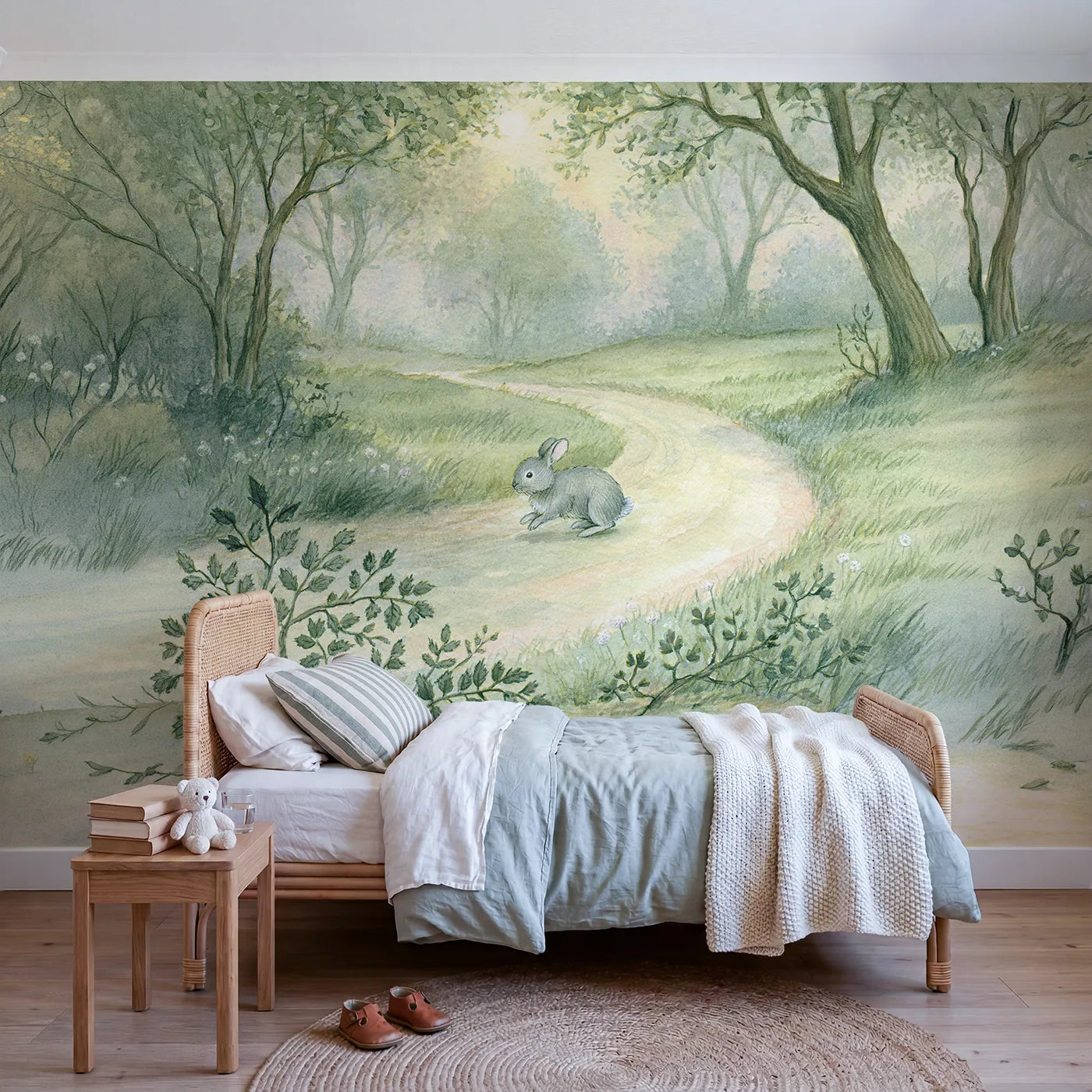 Storybook wall mural of a rabbit on a bramble path by Whimsy Tots
