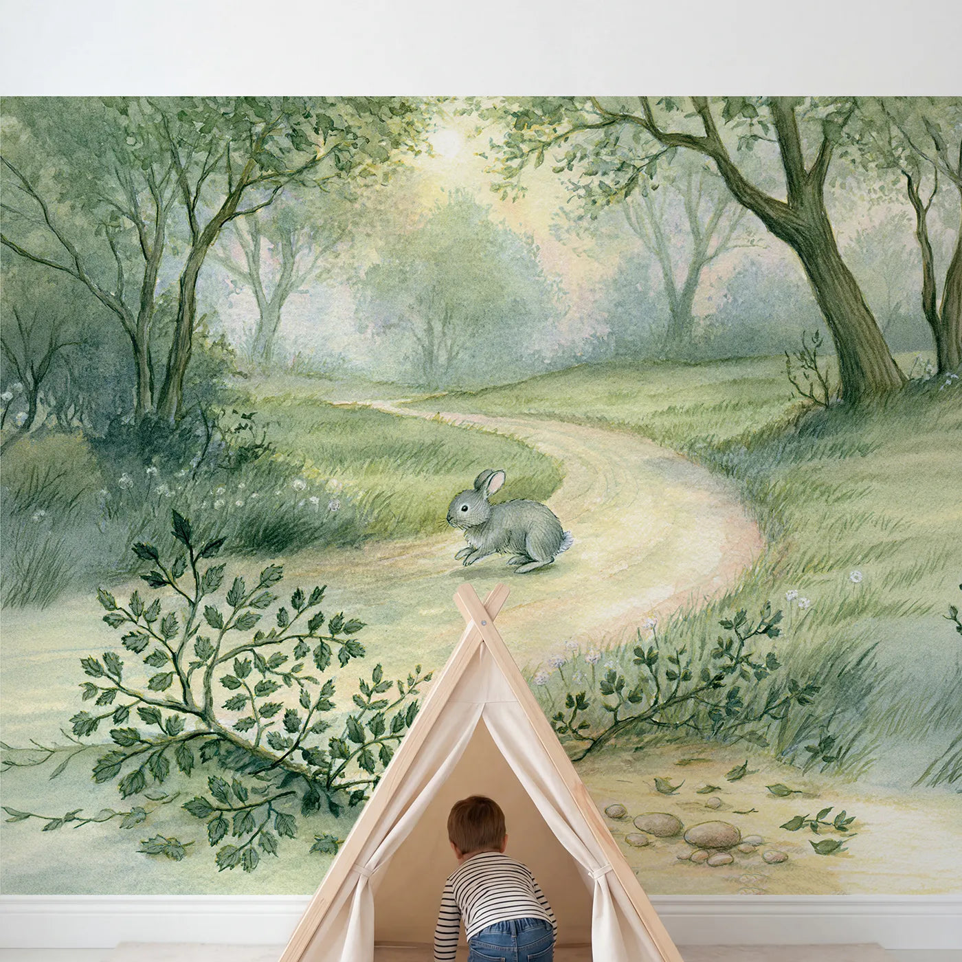 Child in nursery with Bramble Rabbit Path Wallpaper Mural by Whimsy Tots