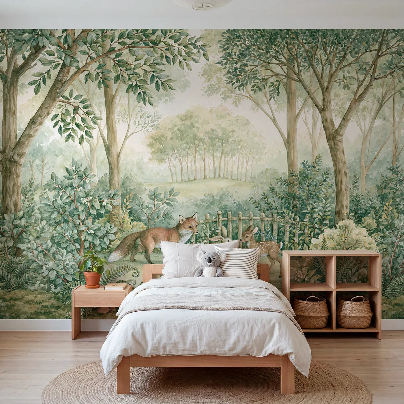 Storybook wall mural of woodland friends strolling by Whimsy Tots