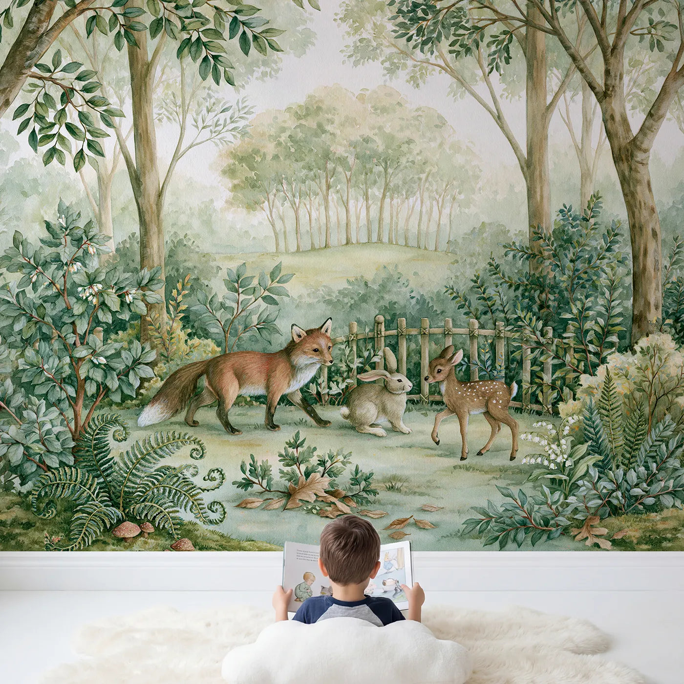 Child in nursery with Woodland Friends Walk Wallpaper Mural by Whimsy Tots