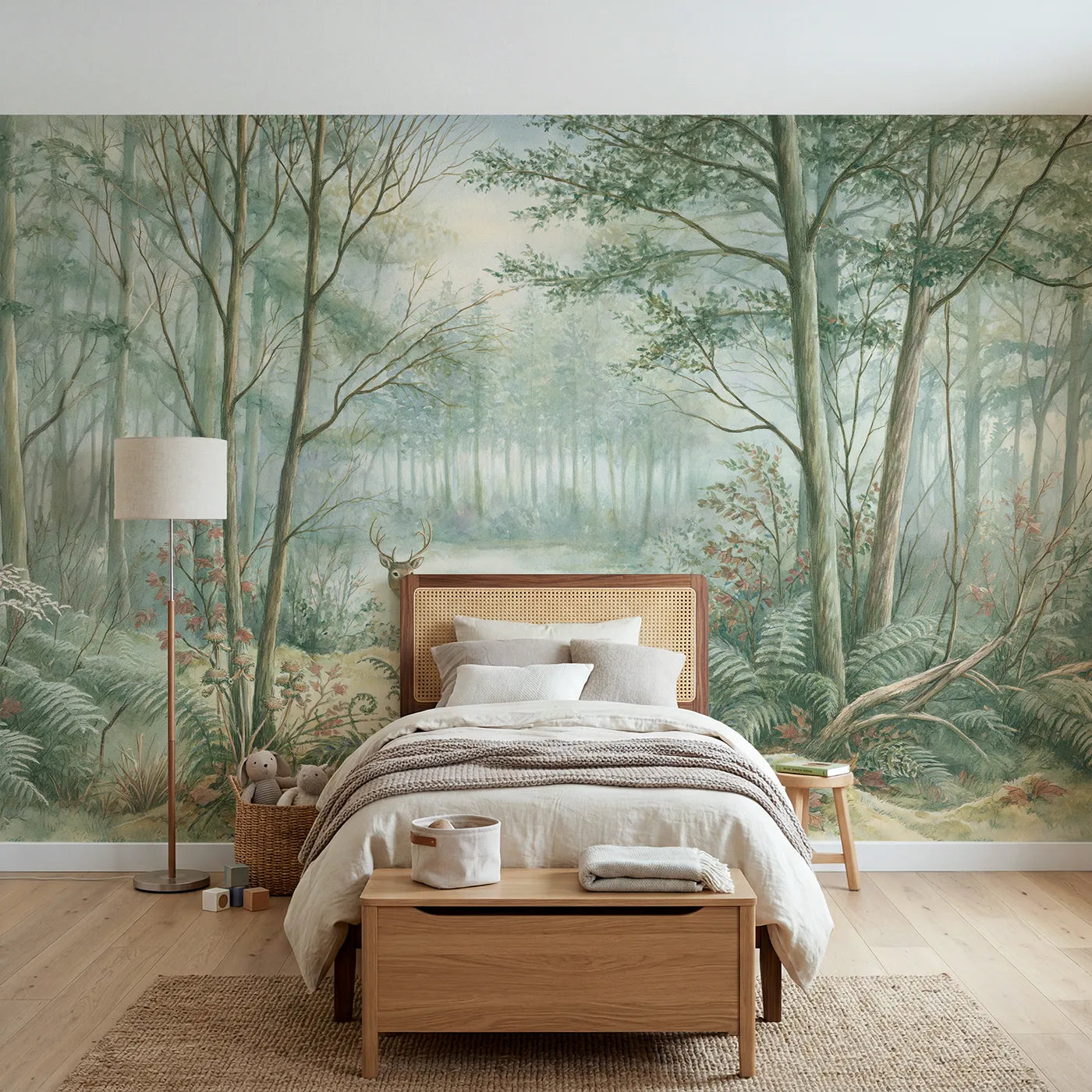 Storybook wall mural of a gentle stag strolling by Whimsy Tots