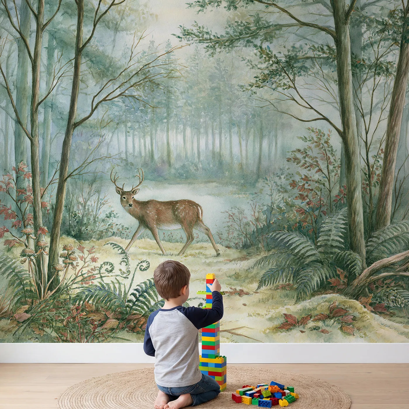 Child in nursery with Gentle Stag Stroll Wallpaper Mural by Whimsy Tots