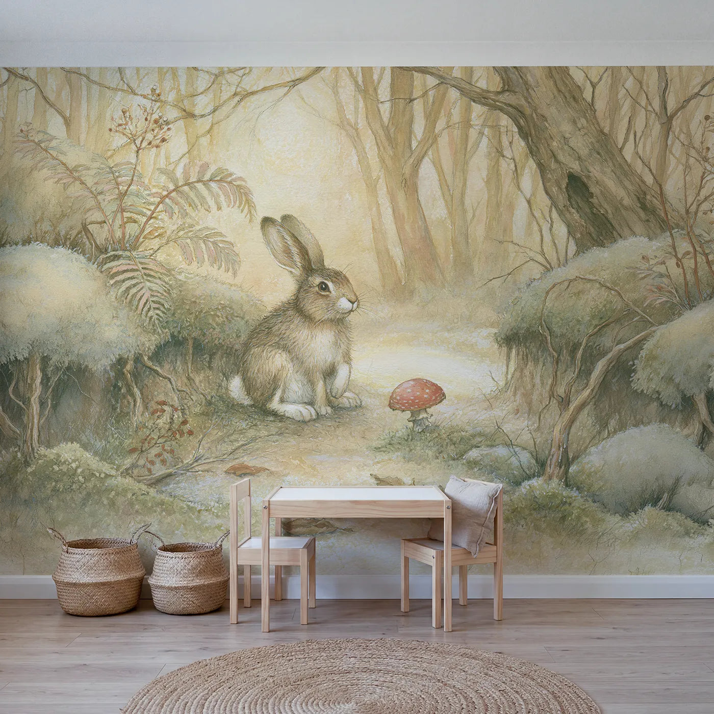 Storybook wall mural of a hare and red toadstool by Whimsy Tots